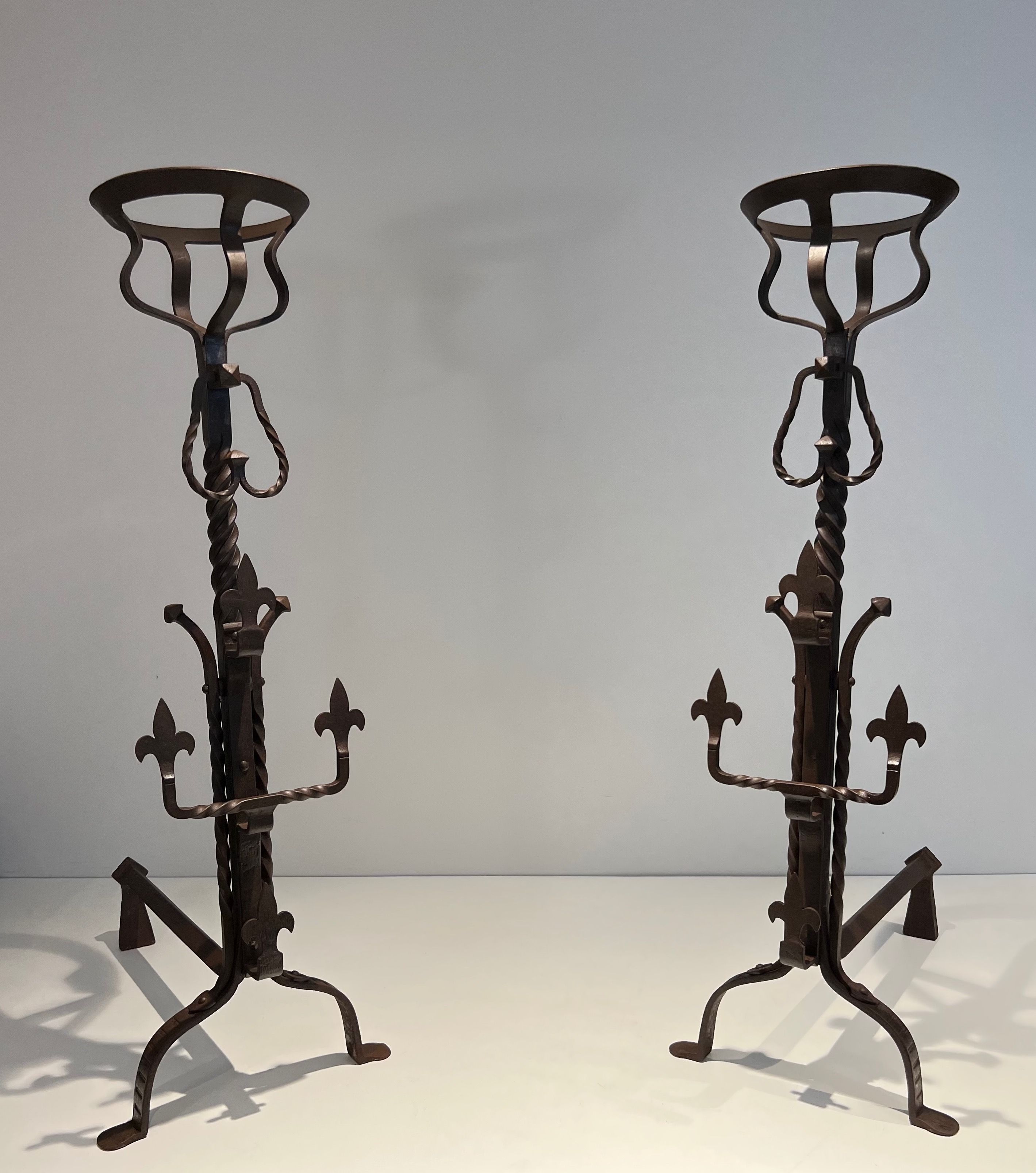 Pair of Important Wrought Iron Landiers (Andirons)