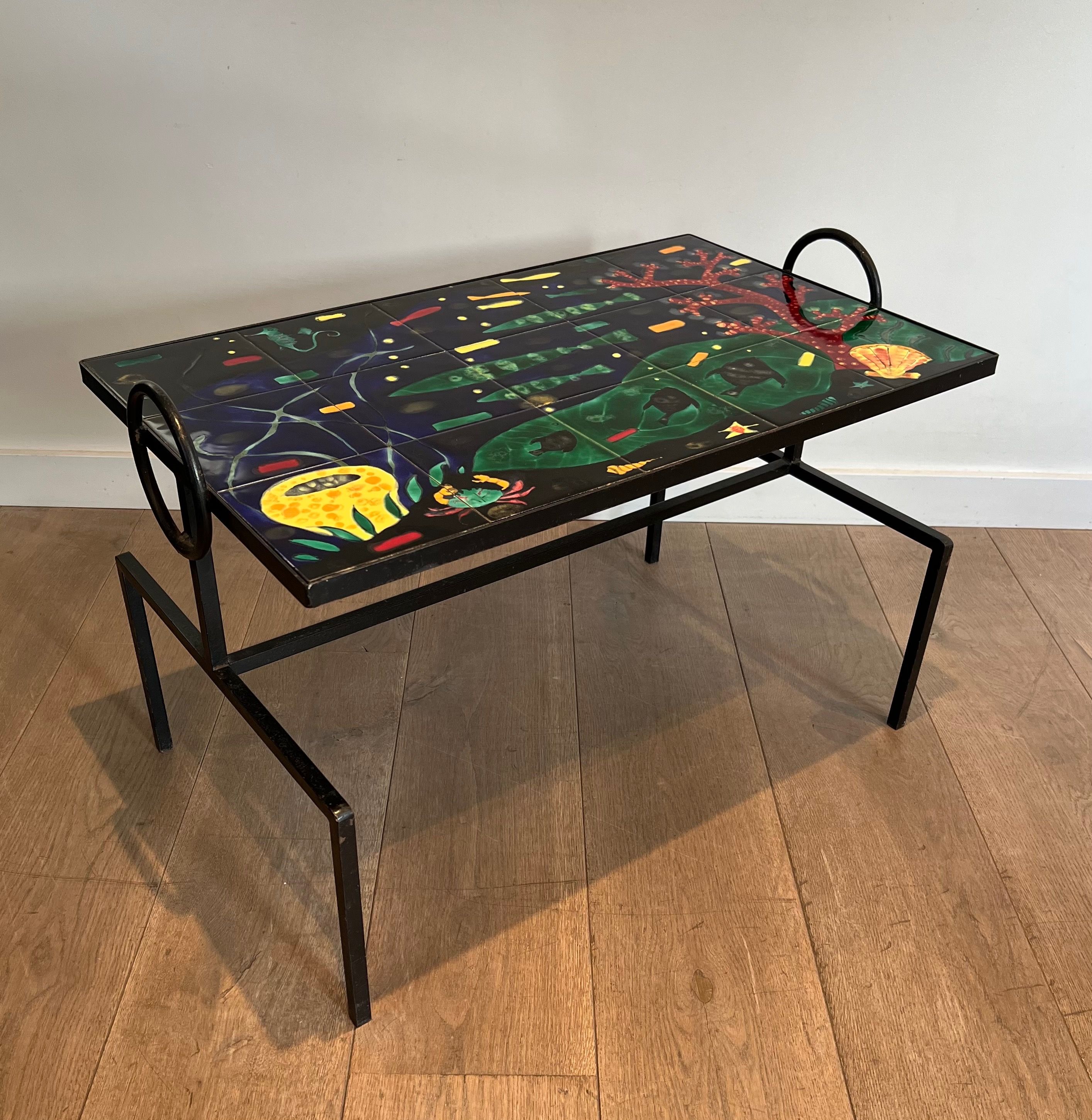 Black Lacquered Metal Coffee Table with Ceramic Top