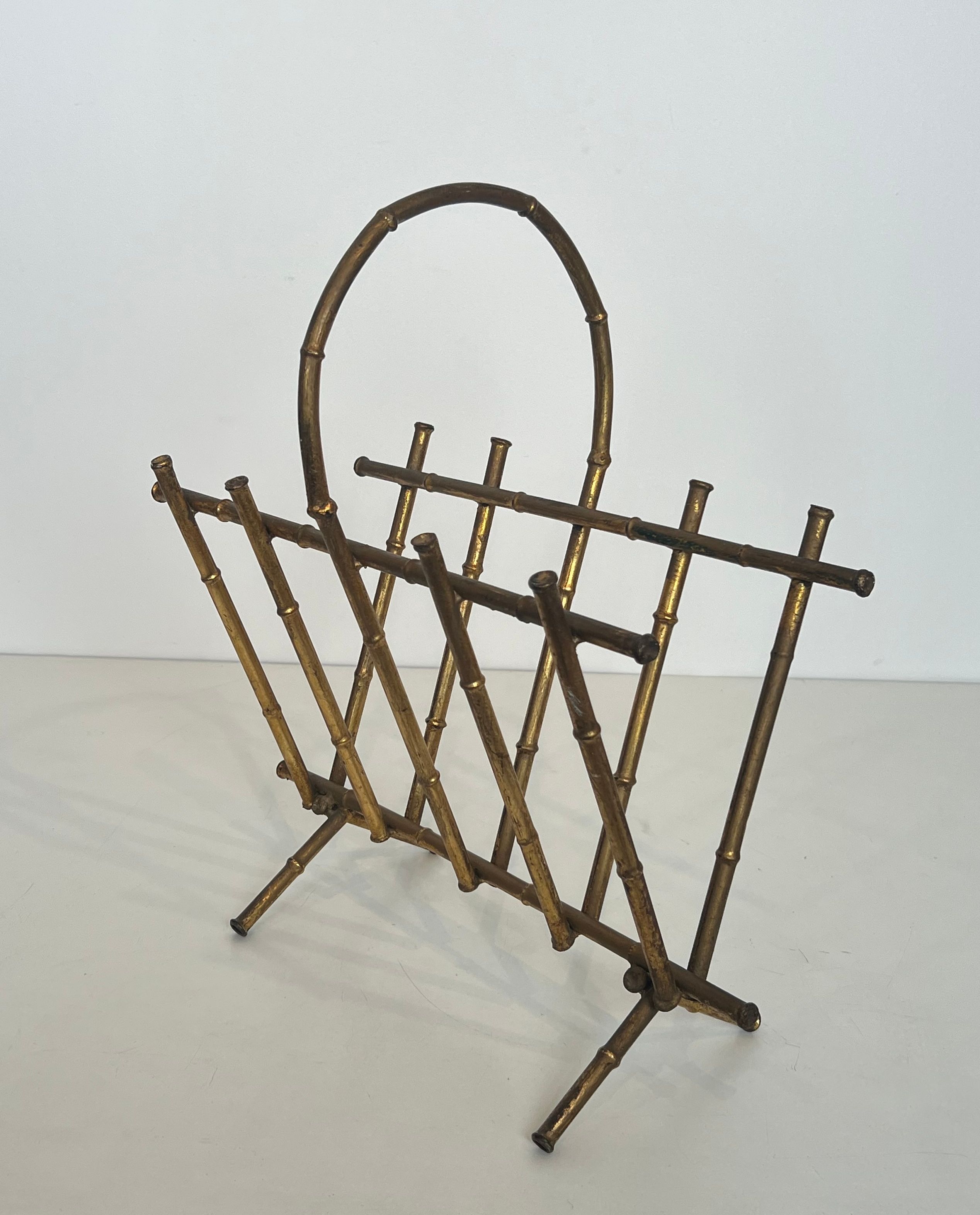 Faux-Bamboo Gilt Metal Magazine Rack Attributed to Maison Baguès