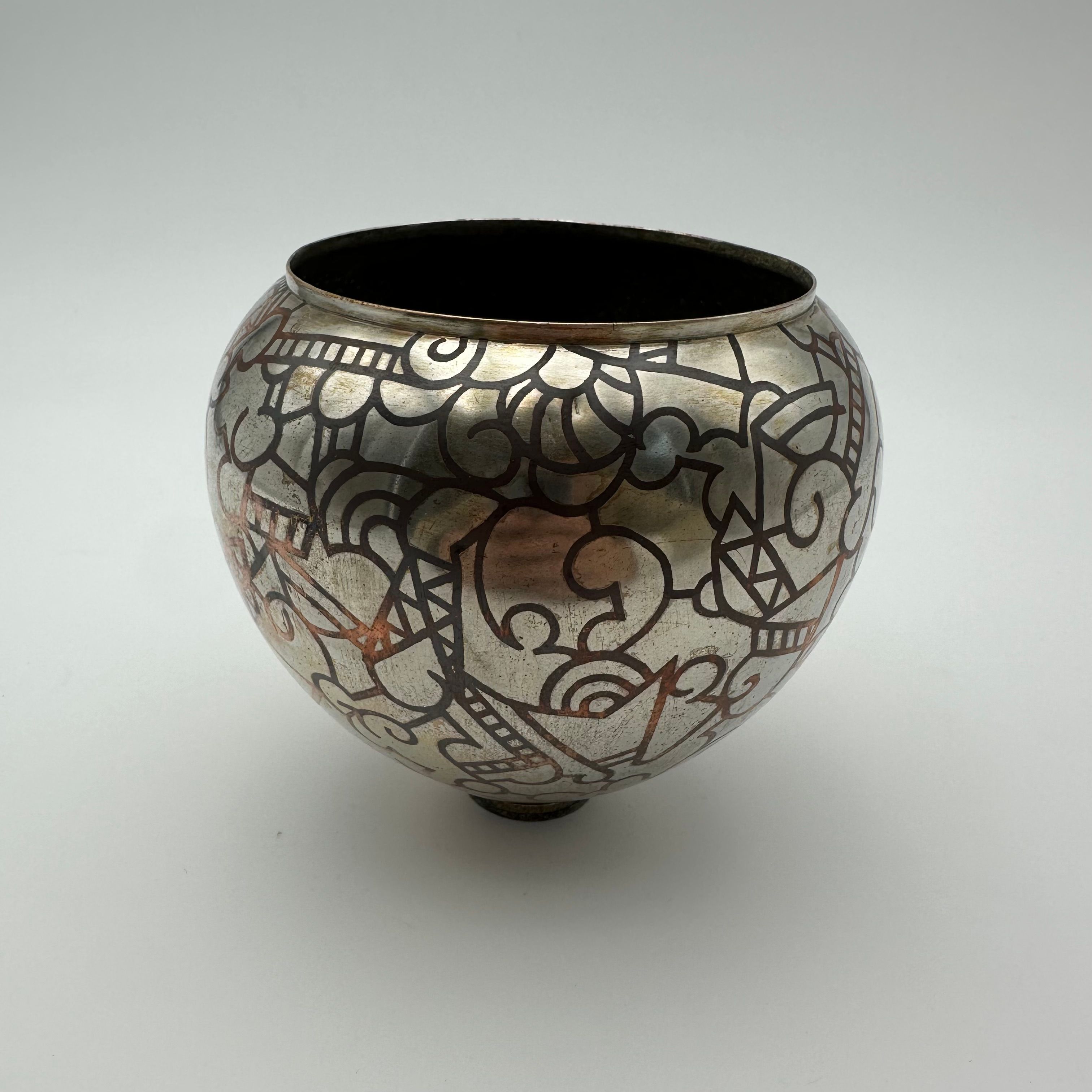 Art Deco Dinanderie Vase with Geometric Decor – France, Circa 1970