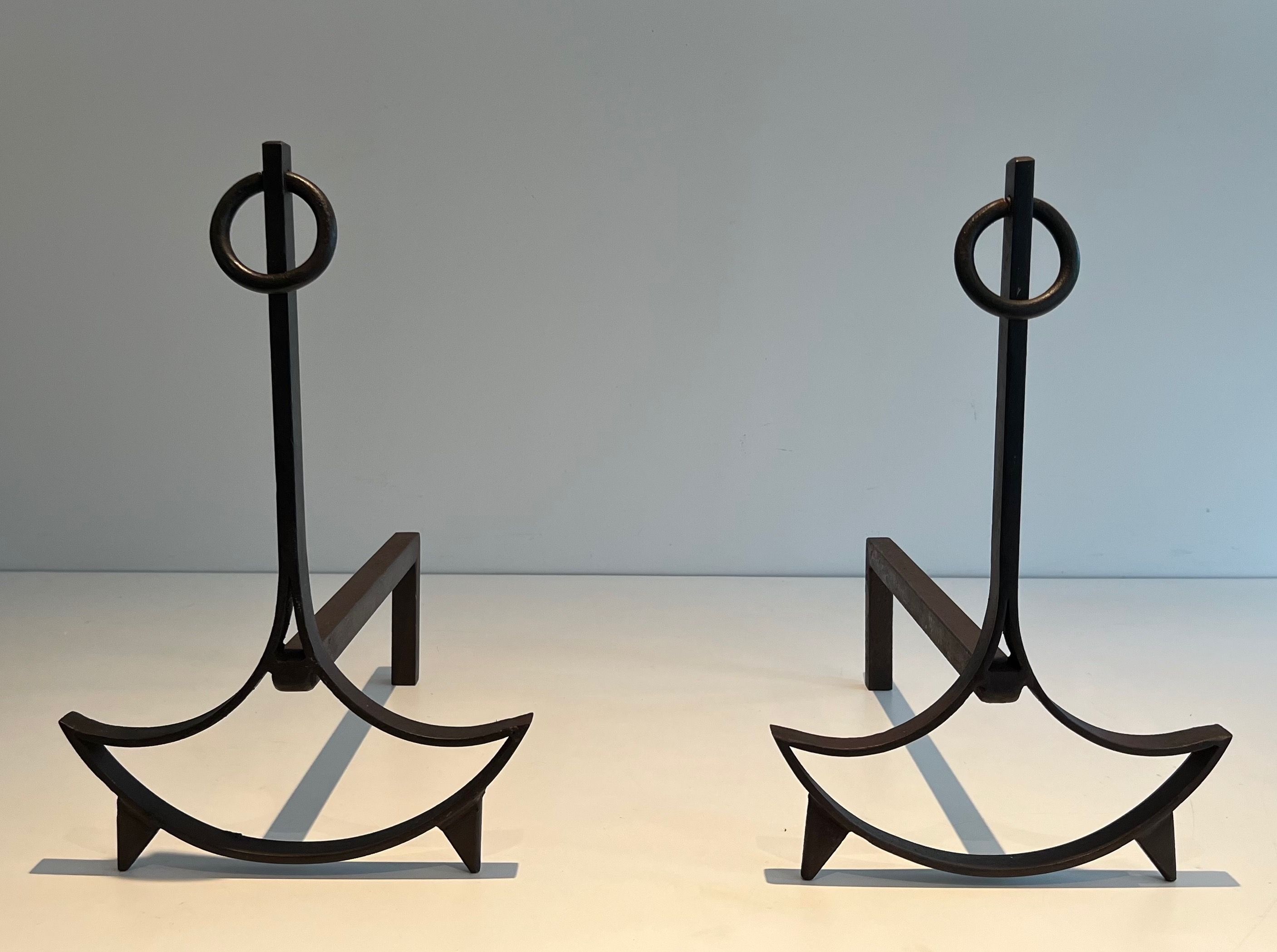 Pair of Modernist Wrought Iron Andirons