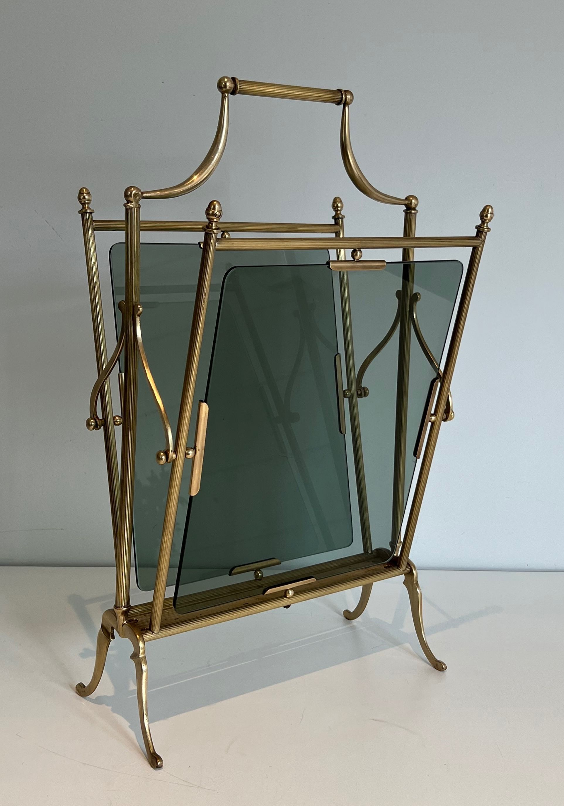 Brass and Blueish Glass Magazine Rack by Maison Jansen