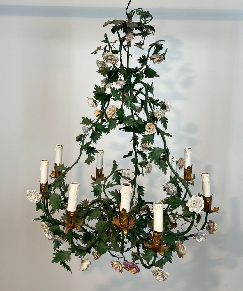 Important Louis XVI Style Brass Basket Chandelier in Green Lacquered Metal Foliage and Meissen Porcelain Flowers