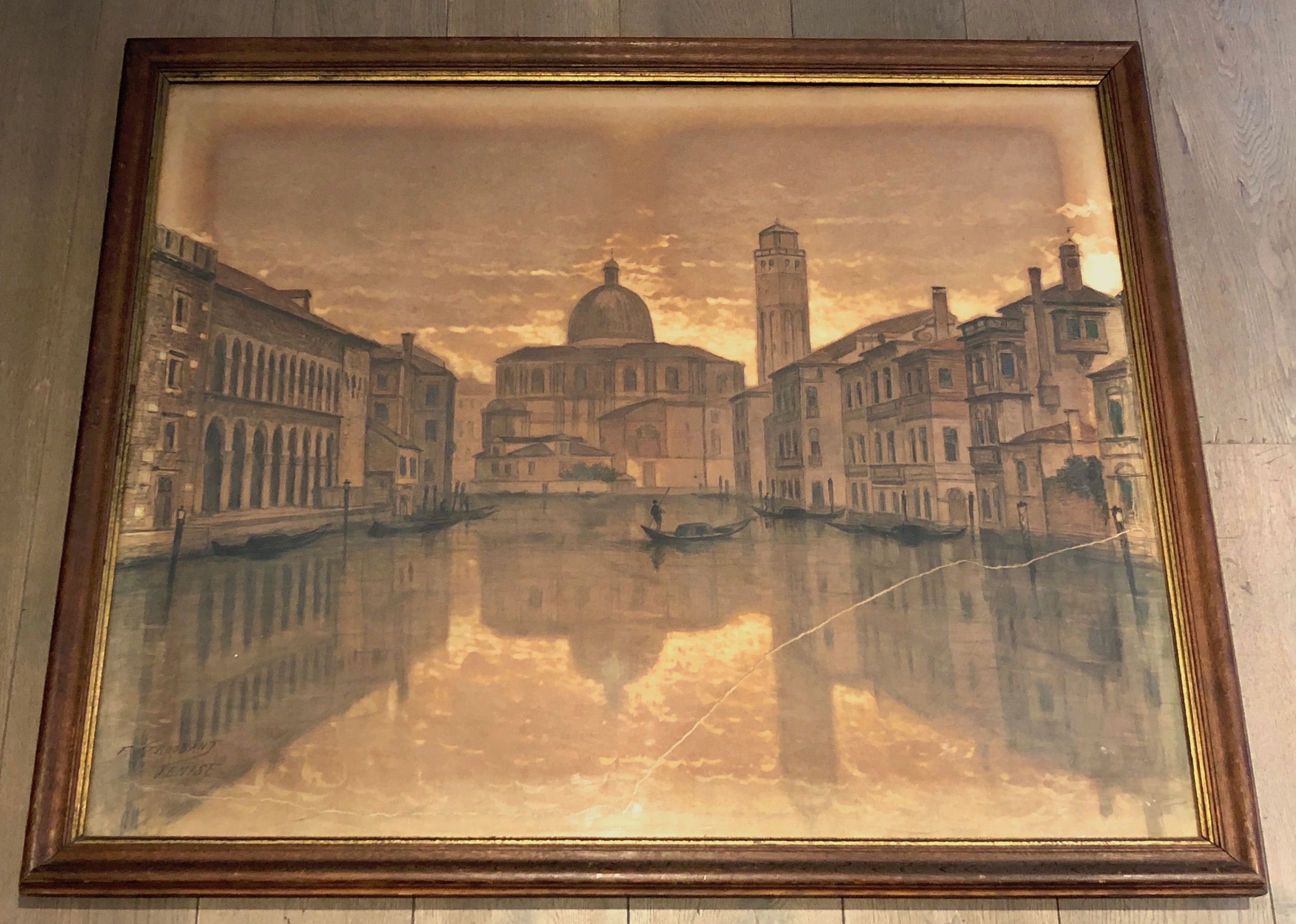 Grande Vue de Venise. Fusain. Signé François Stroobant (1819-1916)