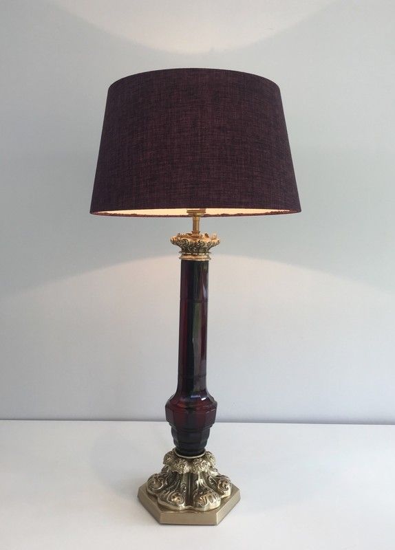 Dark Red Cristal and Bronze Table Lamp by Cristal & Bronze Paris