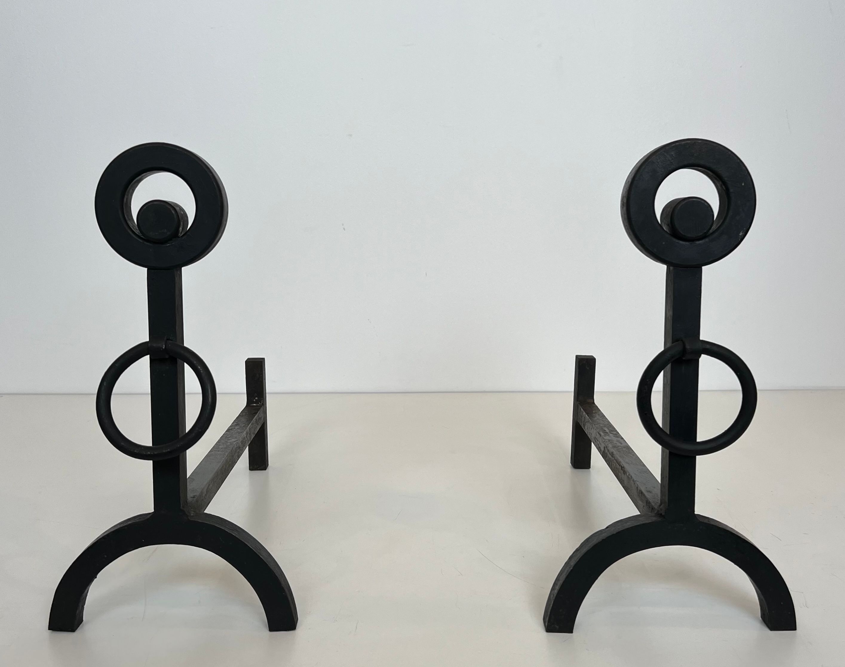 Pair of Modernist Wrought Iron Andirons