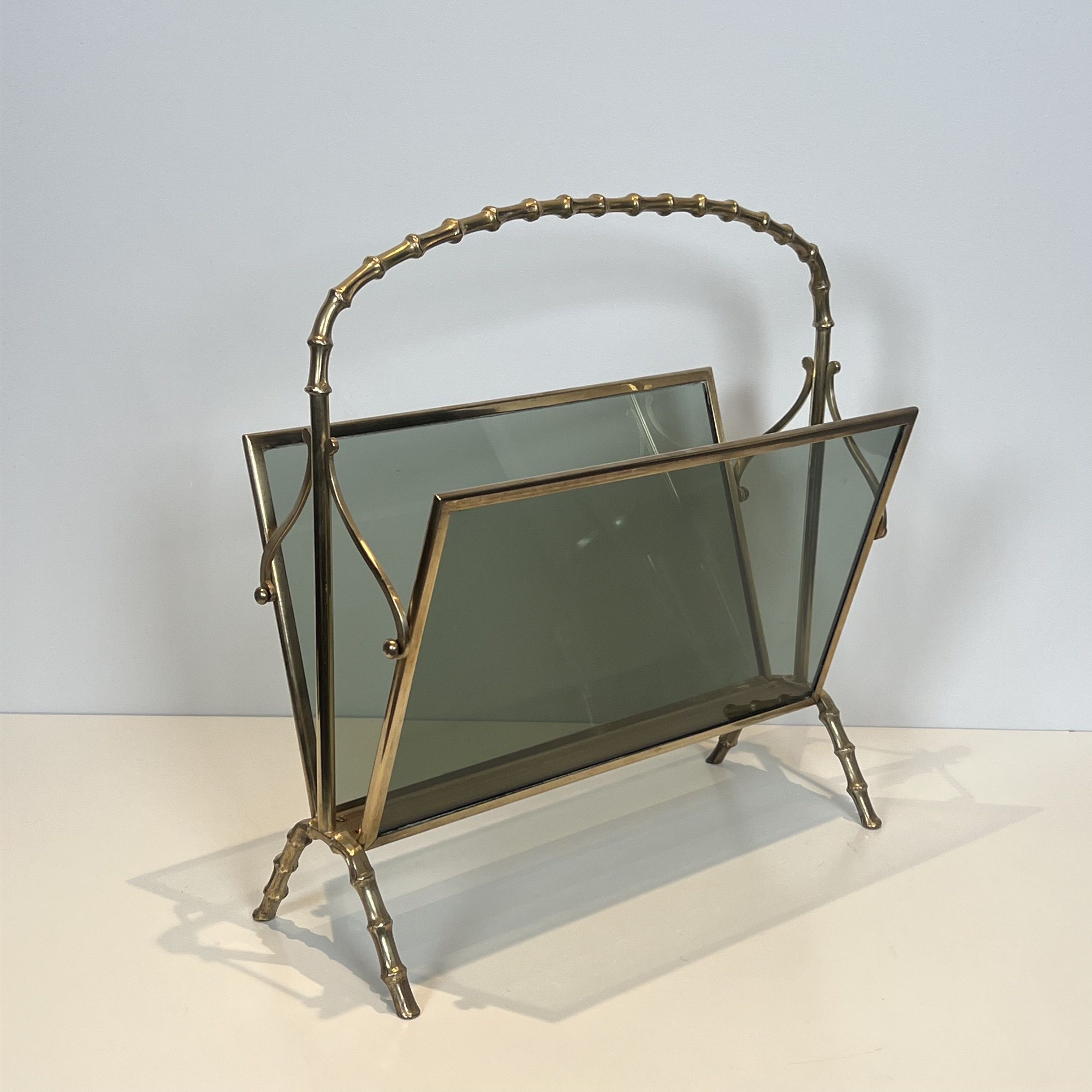 Faux-Bamboo Brass and Smoked Glass Magazine Rack, Attributed to Maison Baguès, 1970s