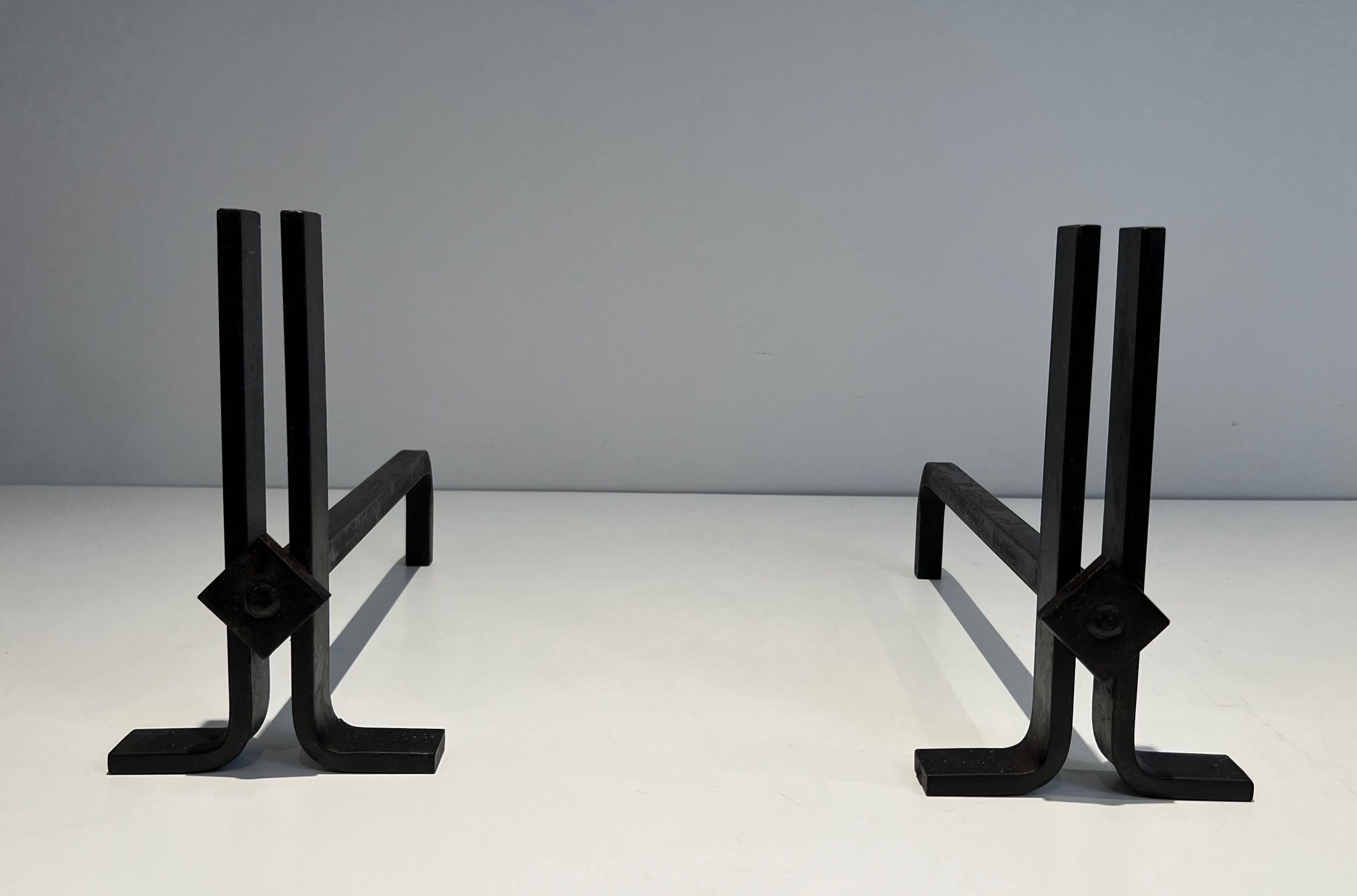 Pair of Modernist Cast Iron and Wrought Iron Andirons