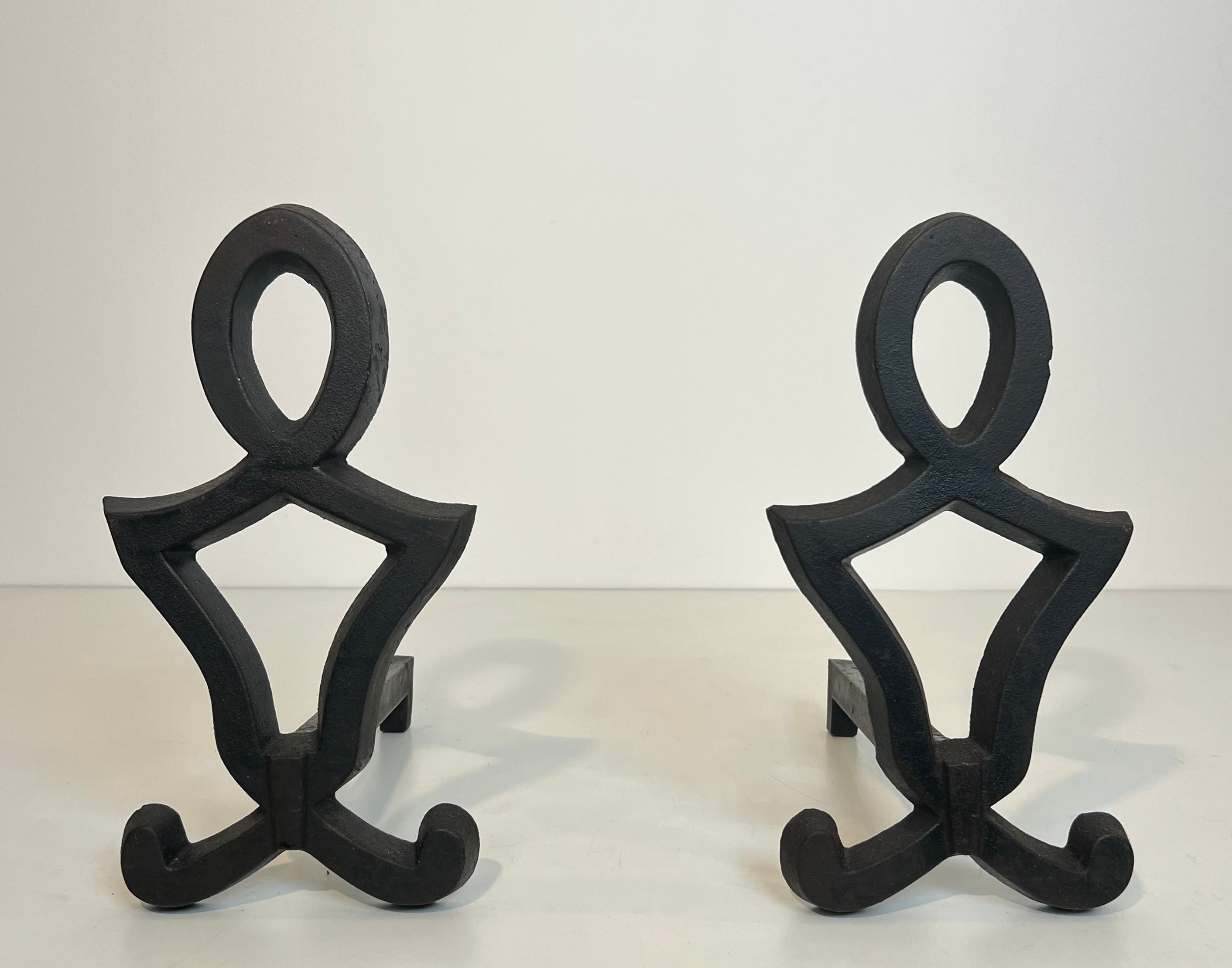 Pair of Modernist Cast Iron and Wrought Iron Andirons by Raymond Subes