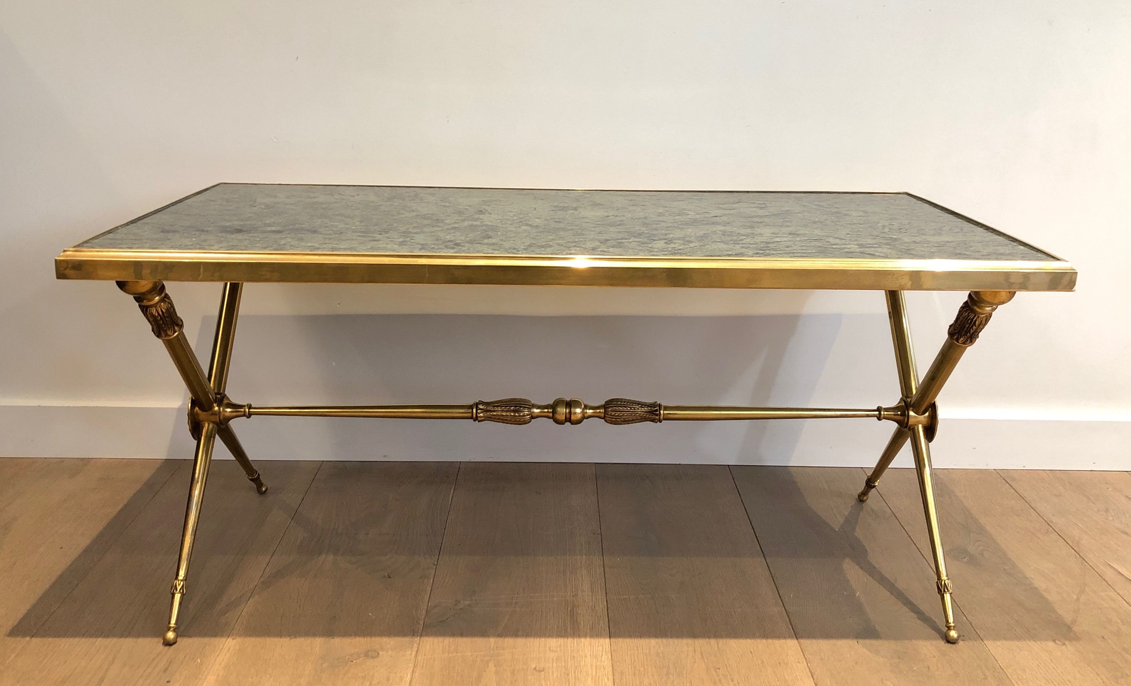 Neoclassical Style Brass Coffee Table with marble Top in the Style of Raymond Subes