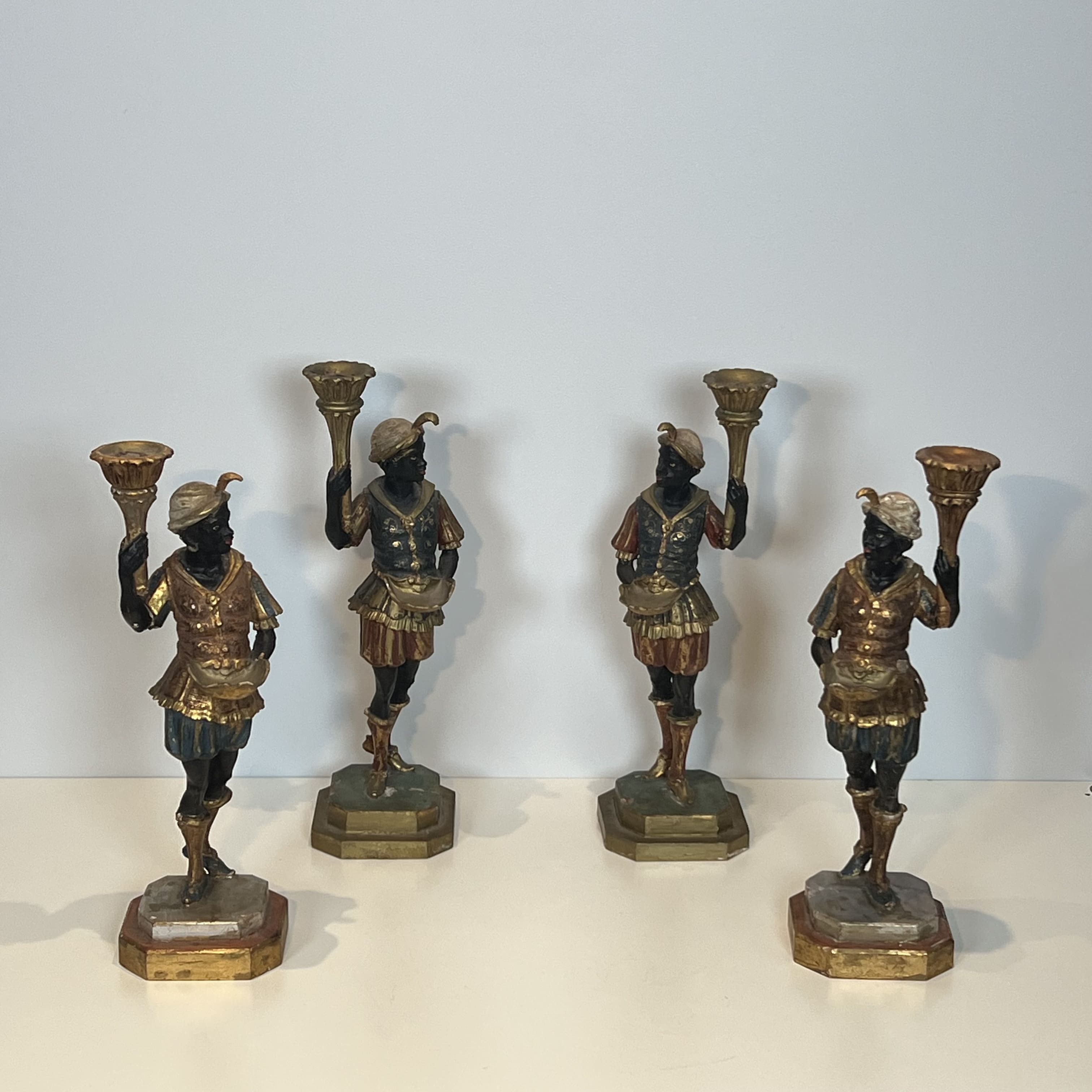 Set of Four Polychrome 'Moretti' Torchiere Sculptures, Venetian Style, Mid-20th Century