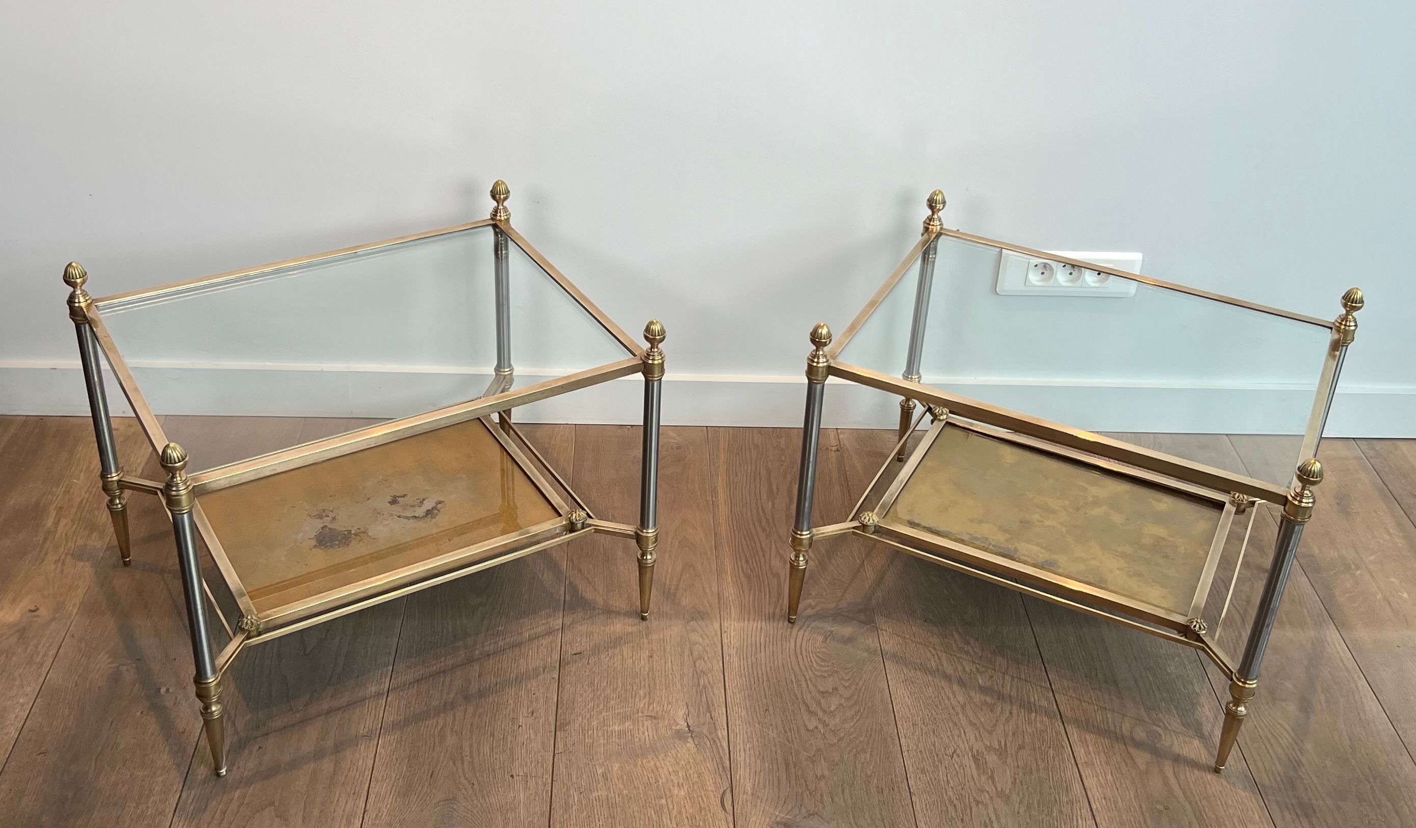 Pair of Neoclassical Style Steel and Brass Style Brass Side Tables by Maison Jansen