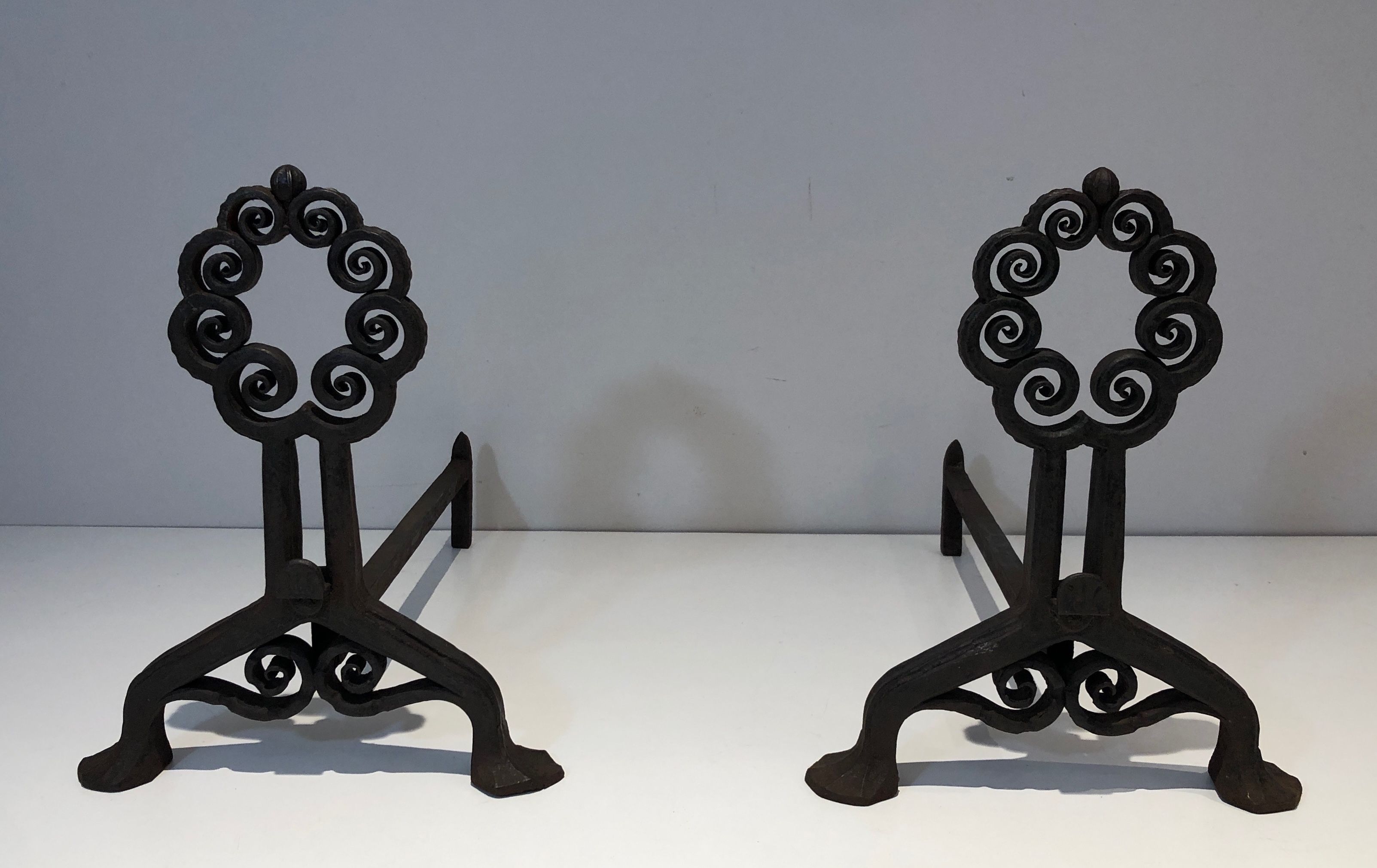 Pair of Wrought and Hammered Iron Andirons from Art Nouveau Period, Signed Wanner Geneva