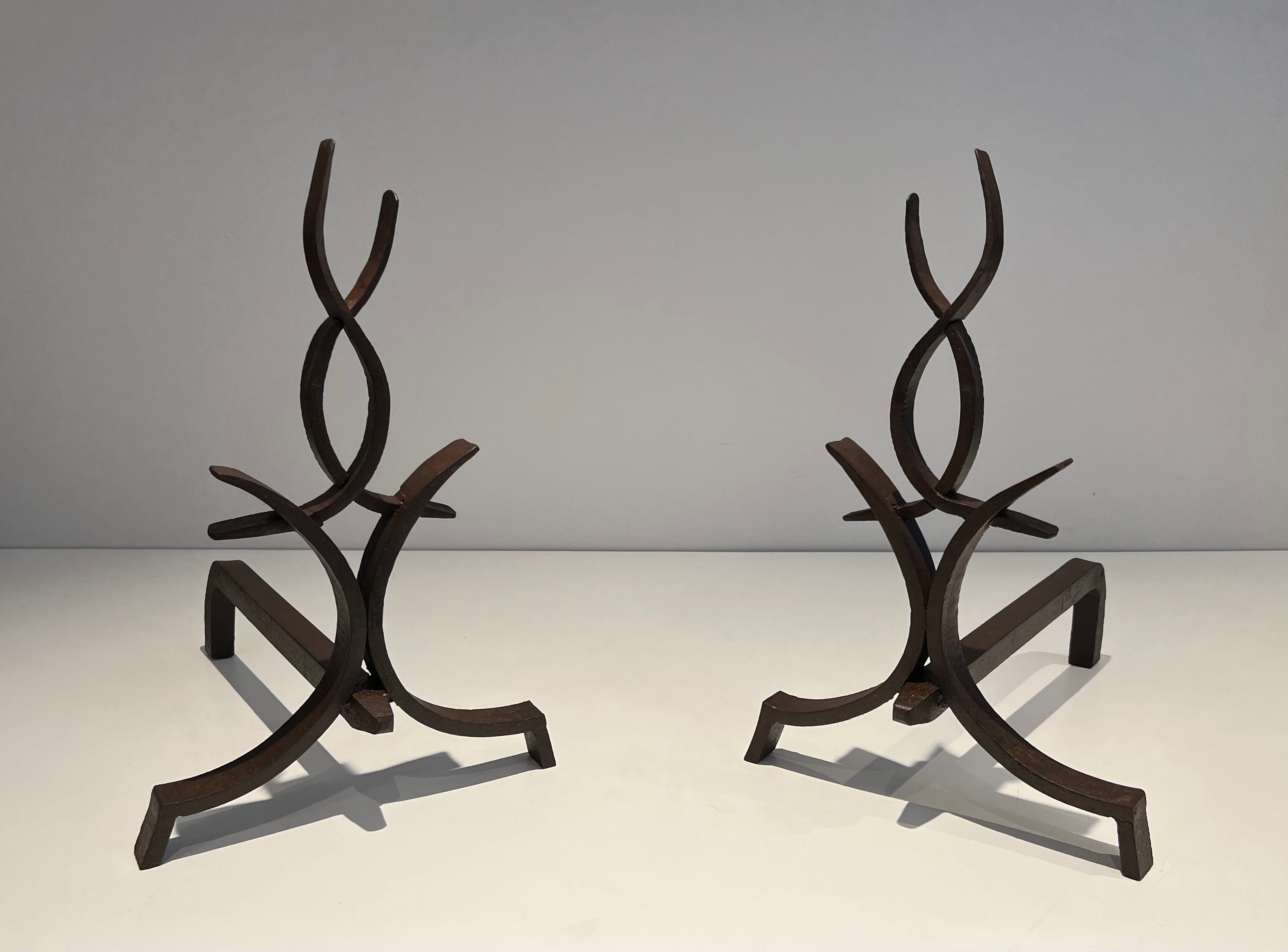 Pair of Wrought Iron Andirons by Raymond Subes