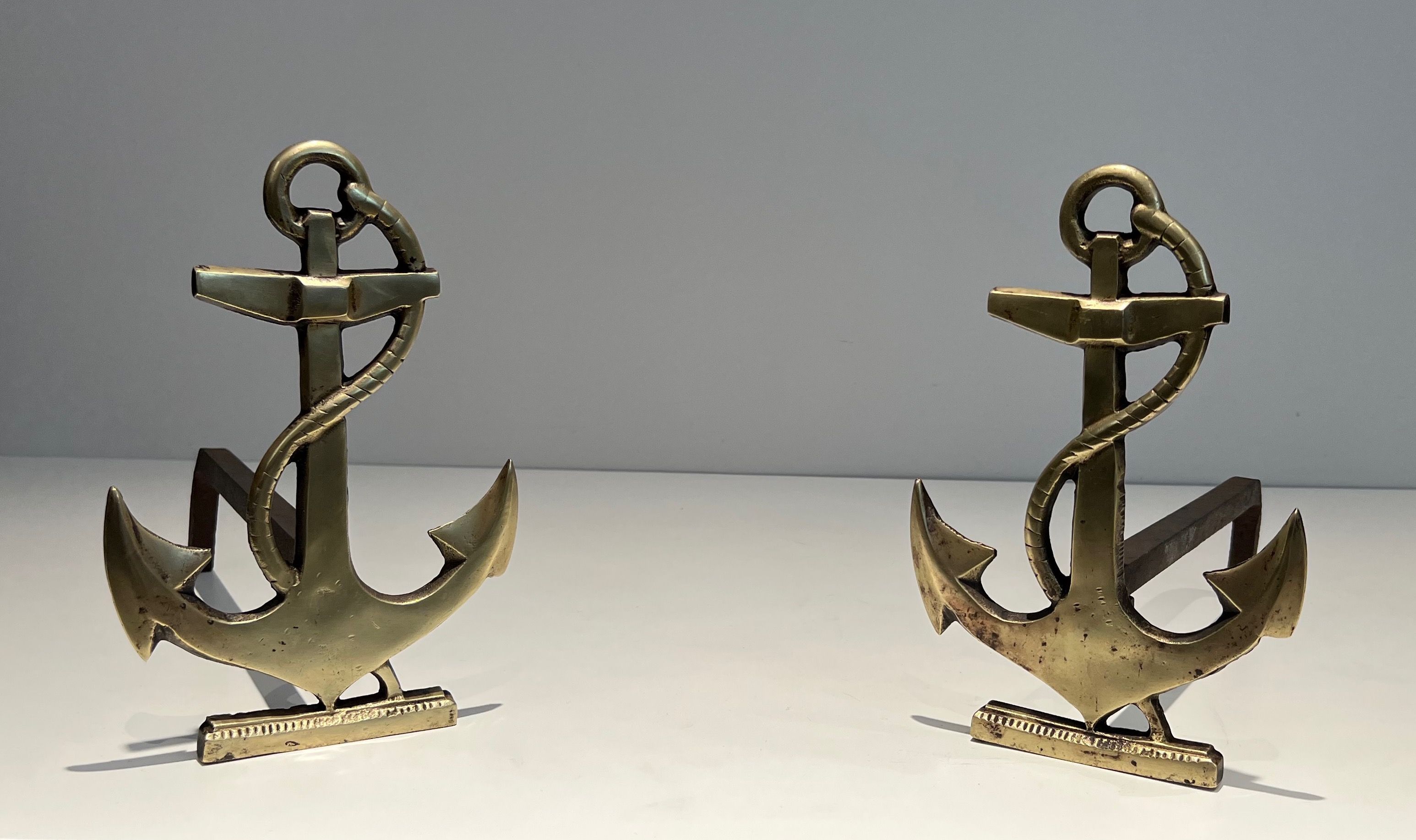 Pair of Boat Anchor Brass Andirons