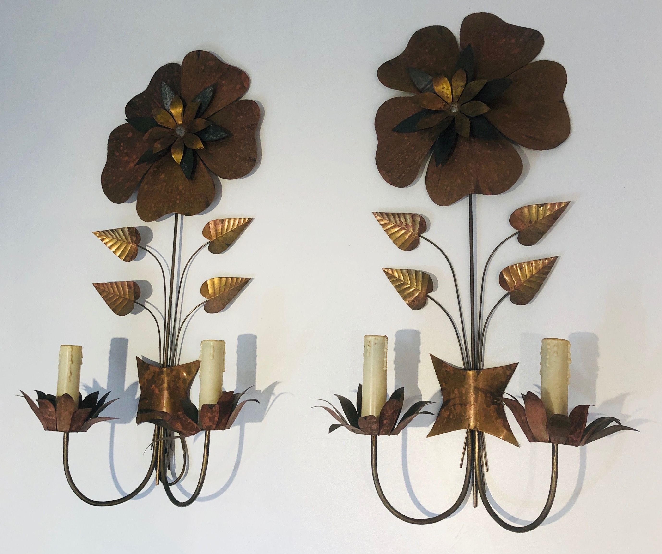 Important Pair of Brass Flower Wall Lights