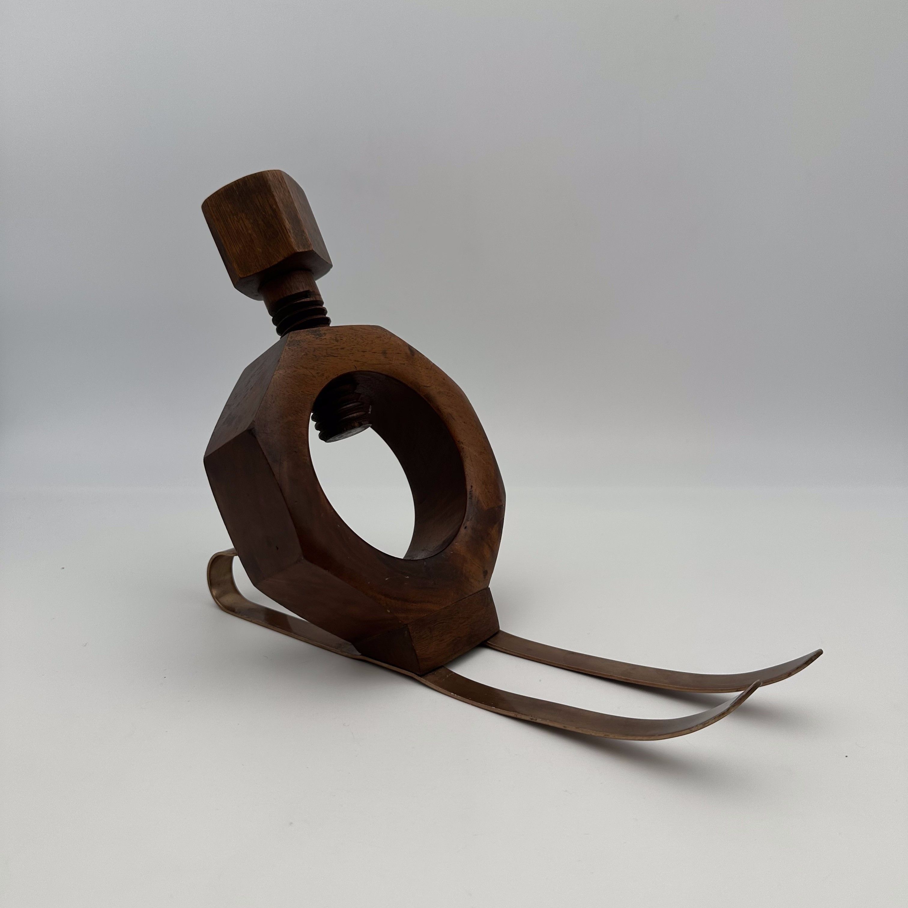 Sculptural Trompe-l'Œil Solid Wood 'Nut on Skis' Bottle Holder, 1970s