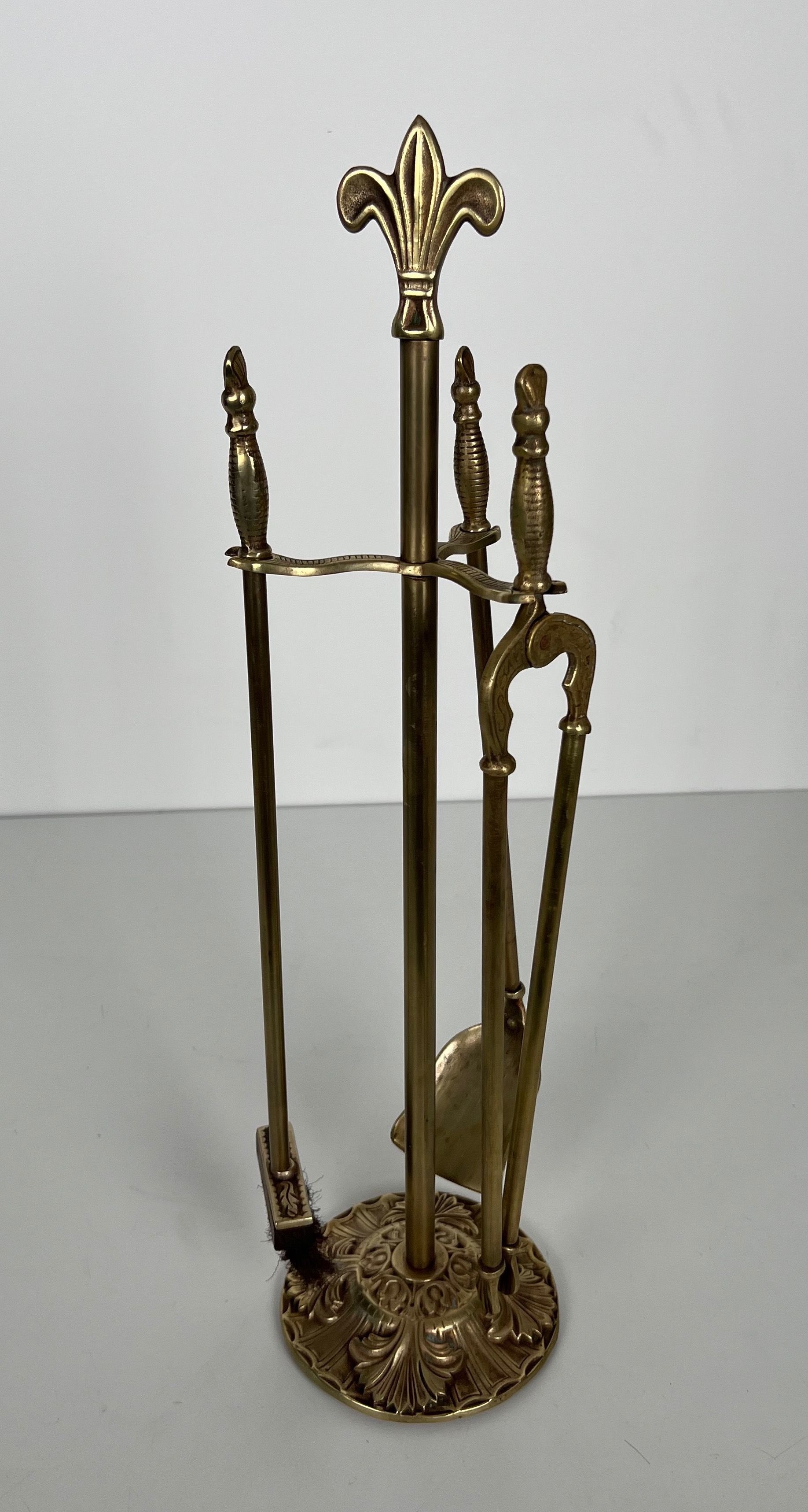 Neoclassical Style Brass Fireplace Tools with Lily Flowers