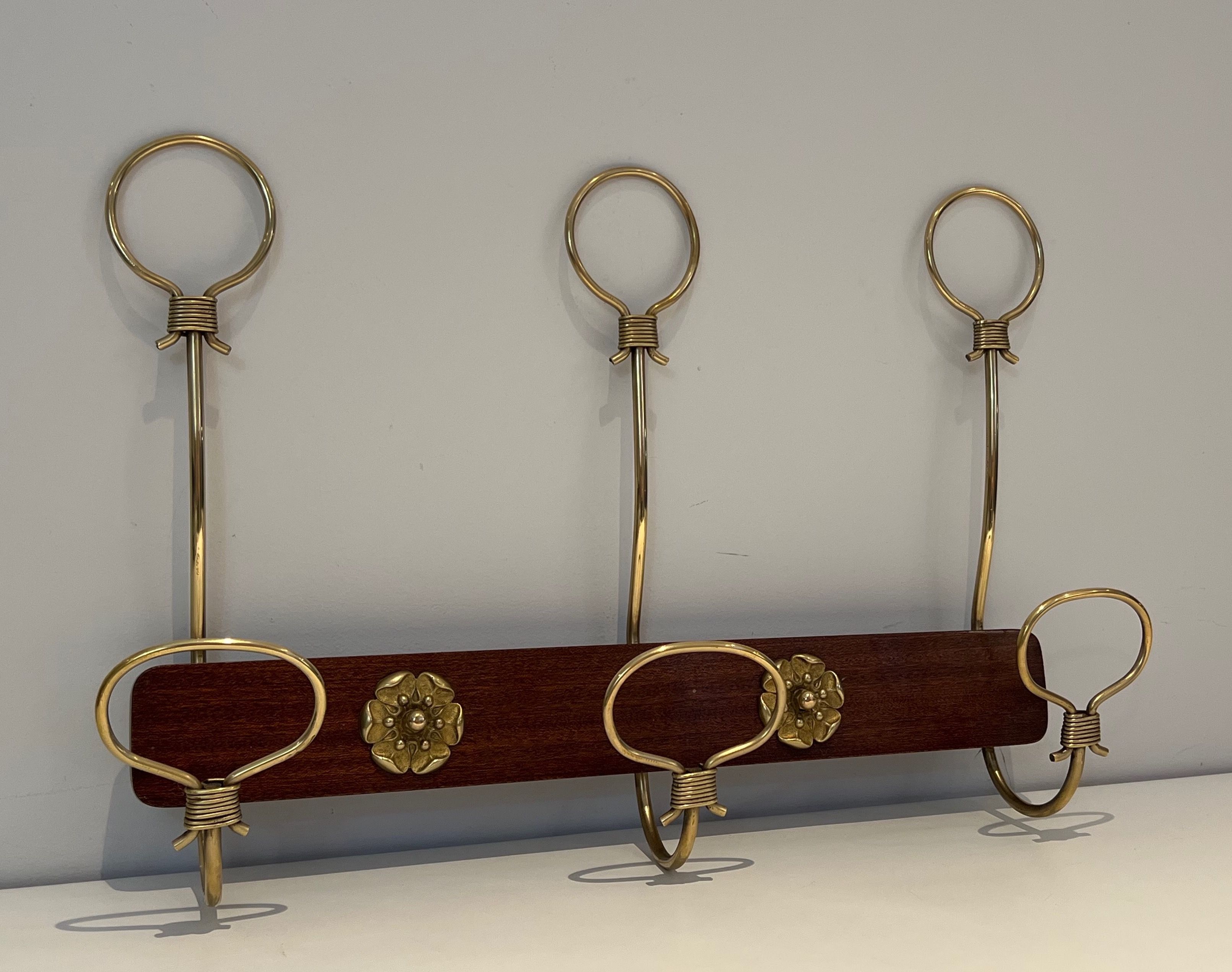 Mahogany and Brass Wall-Mounted Coat Rack