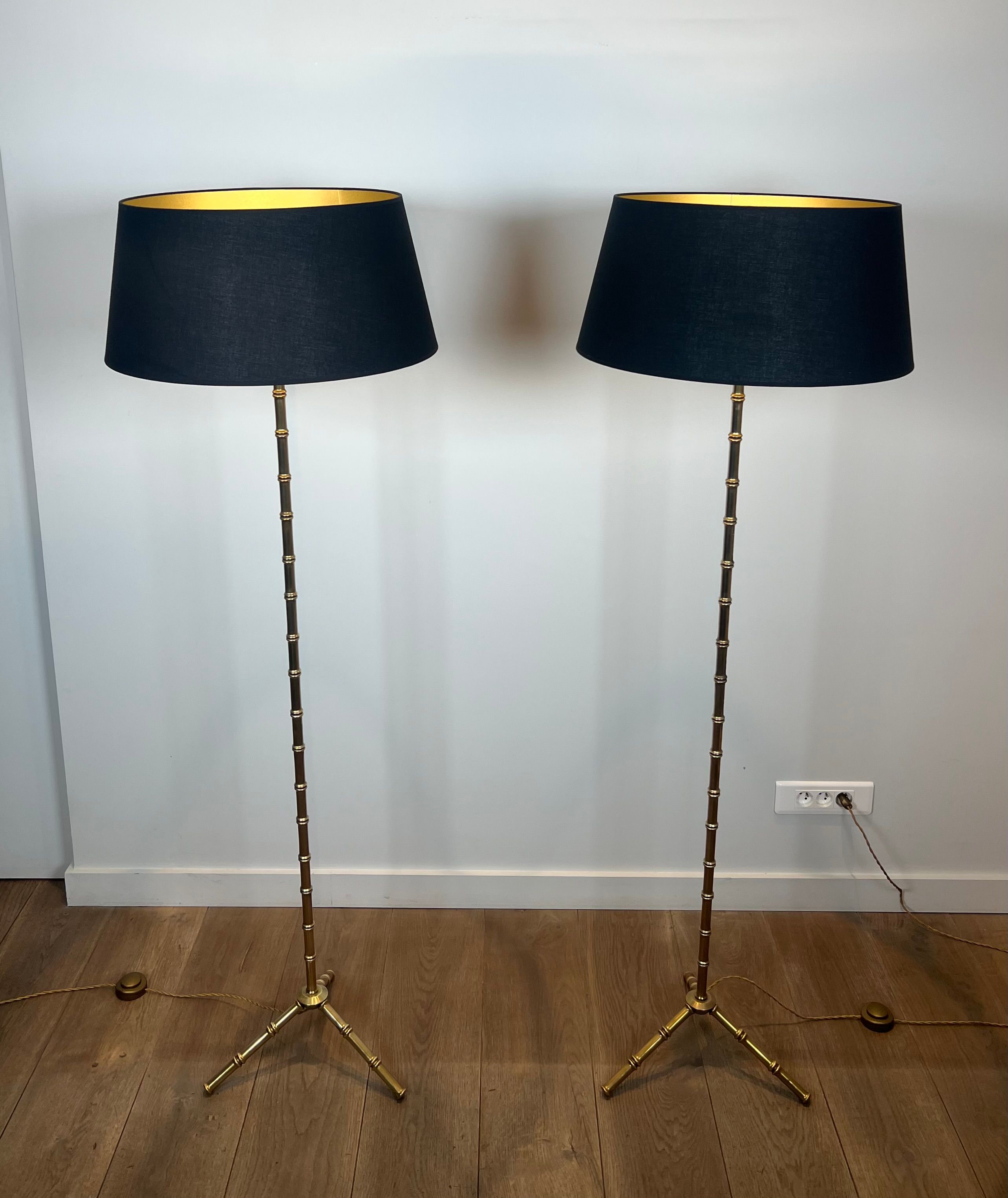 Pair of Faux-Bambou Bronze and Brass Floor Lamp by Jacques Adnet