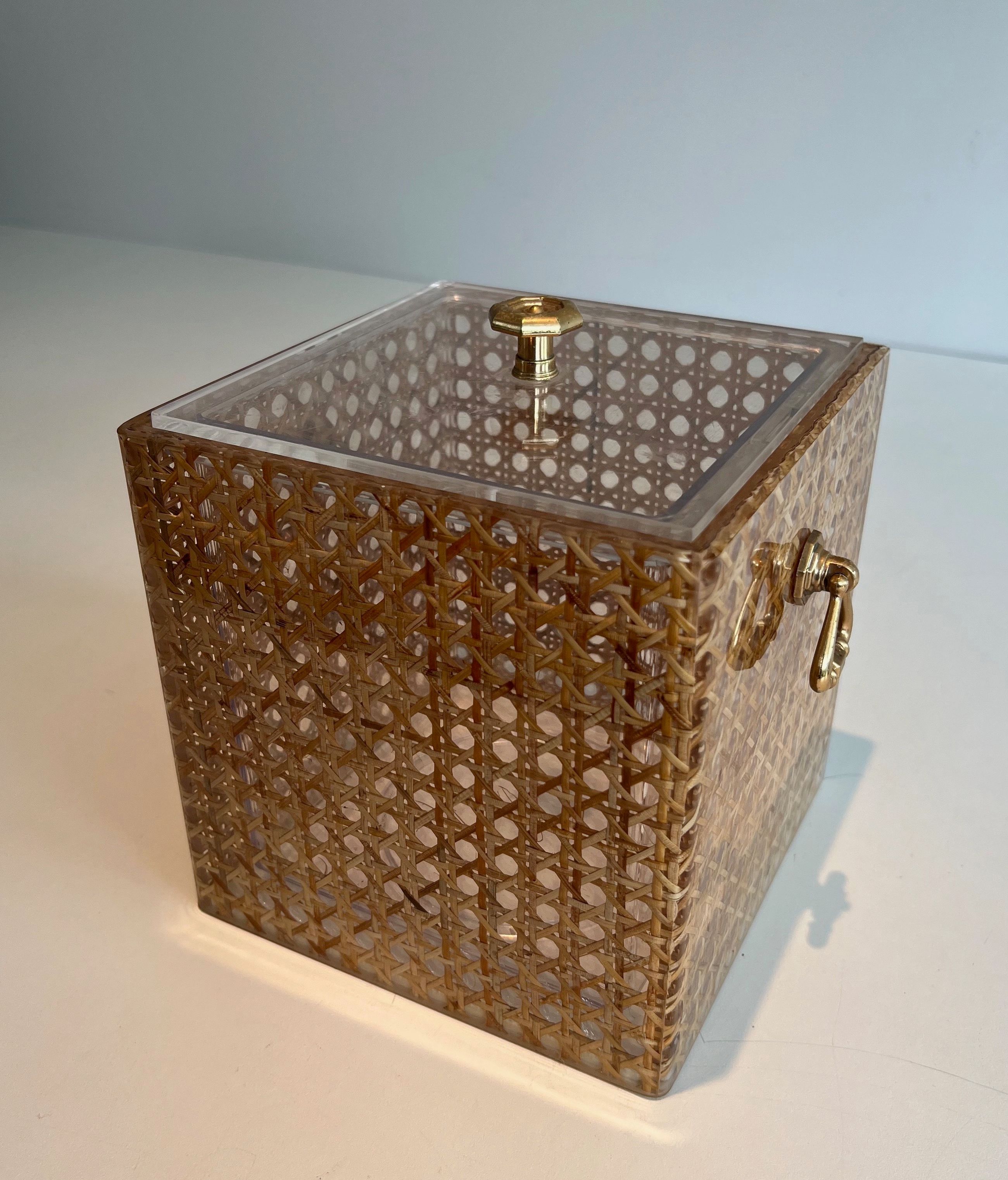 Lucite, Caned and Brass Ice Bucket in the Style of Christian Dior et Gabriella Crespi