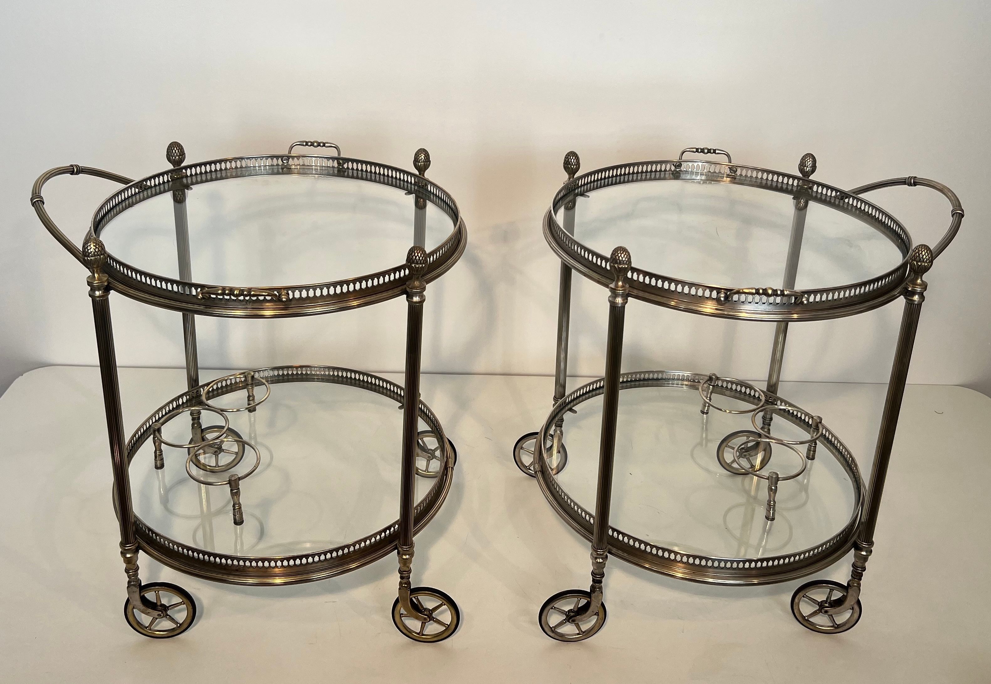 Rare Pair of Round Silvered Brass Drinks Trolley by Maison Bagués