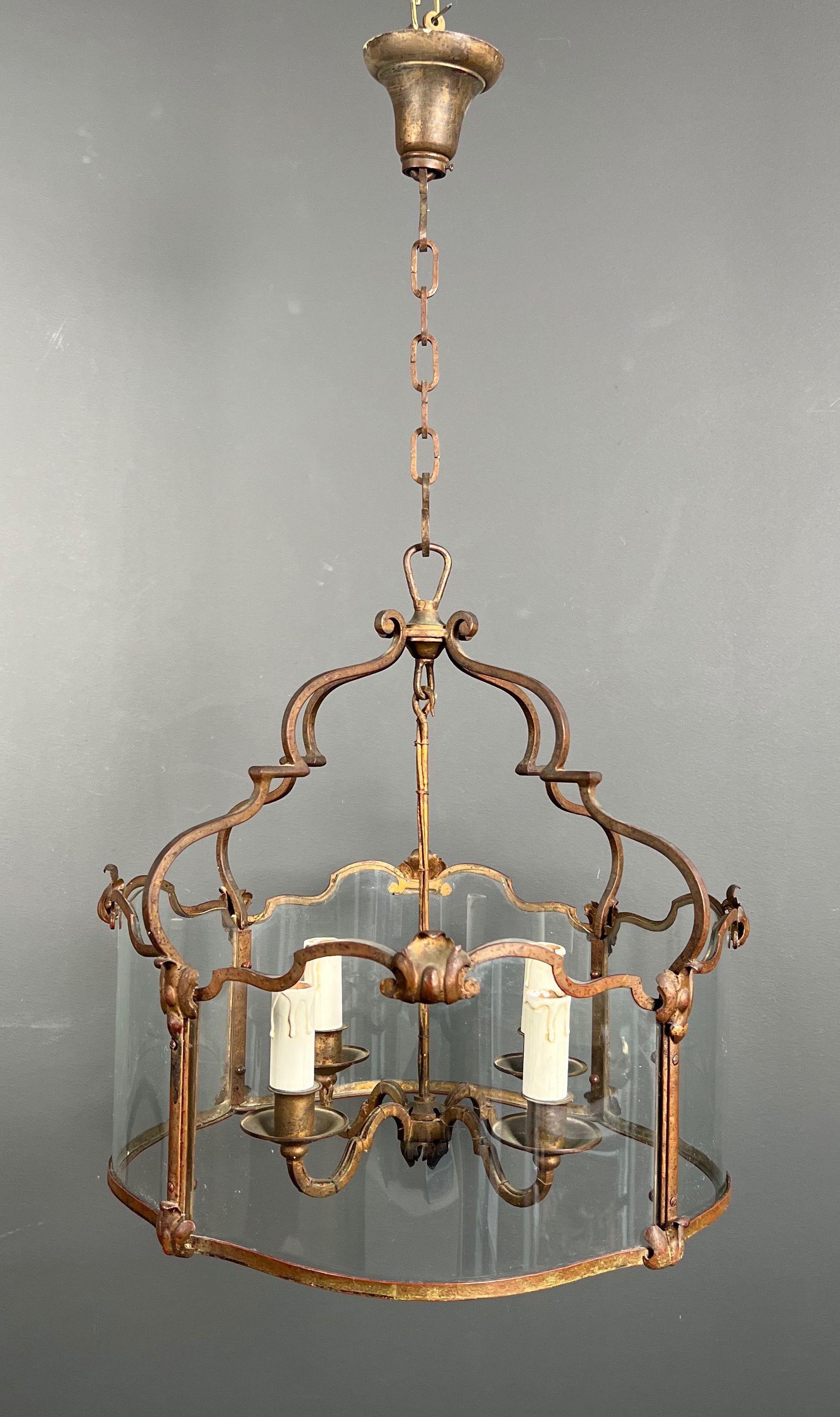 Rare 4 Lights Gilt Beaten Wrought Iron Lantern with Curved Glasses