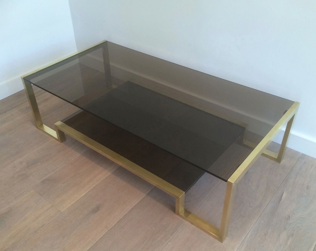 Table Basse en Laiton à Plateau de Verre Fumé de Guy Lefèvre pour la Maison Jansen