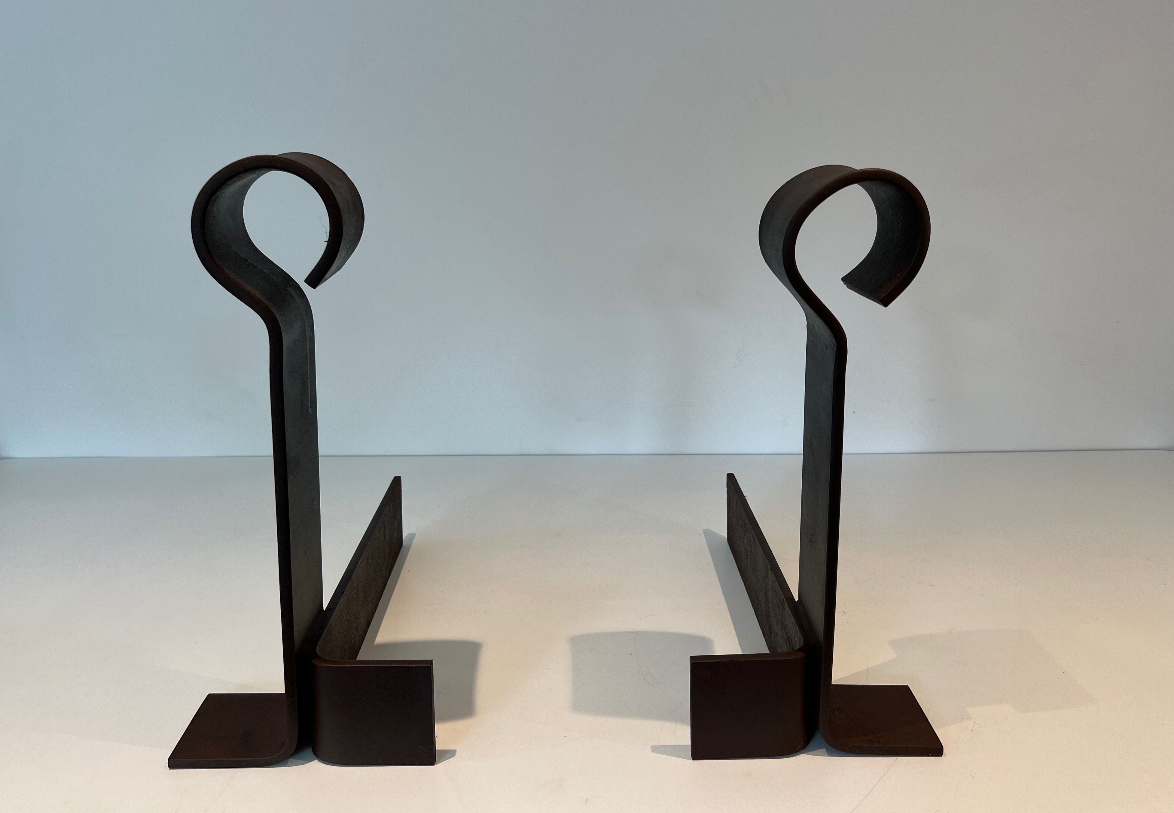 Important Pair of Modernist Cast Iron and Wrought Iron Andirons