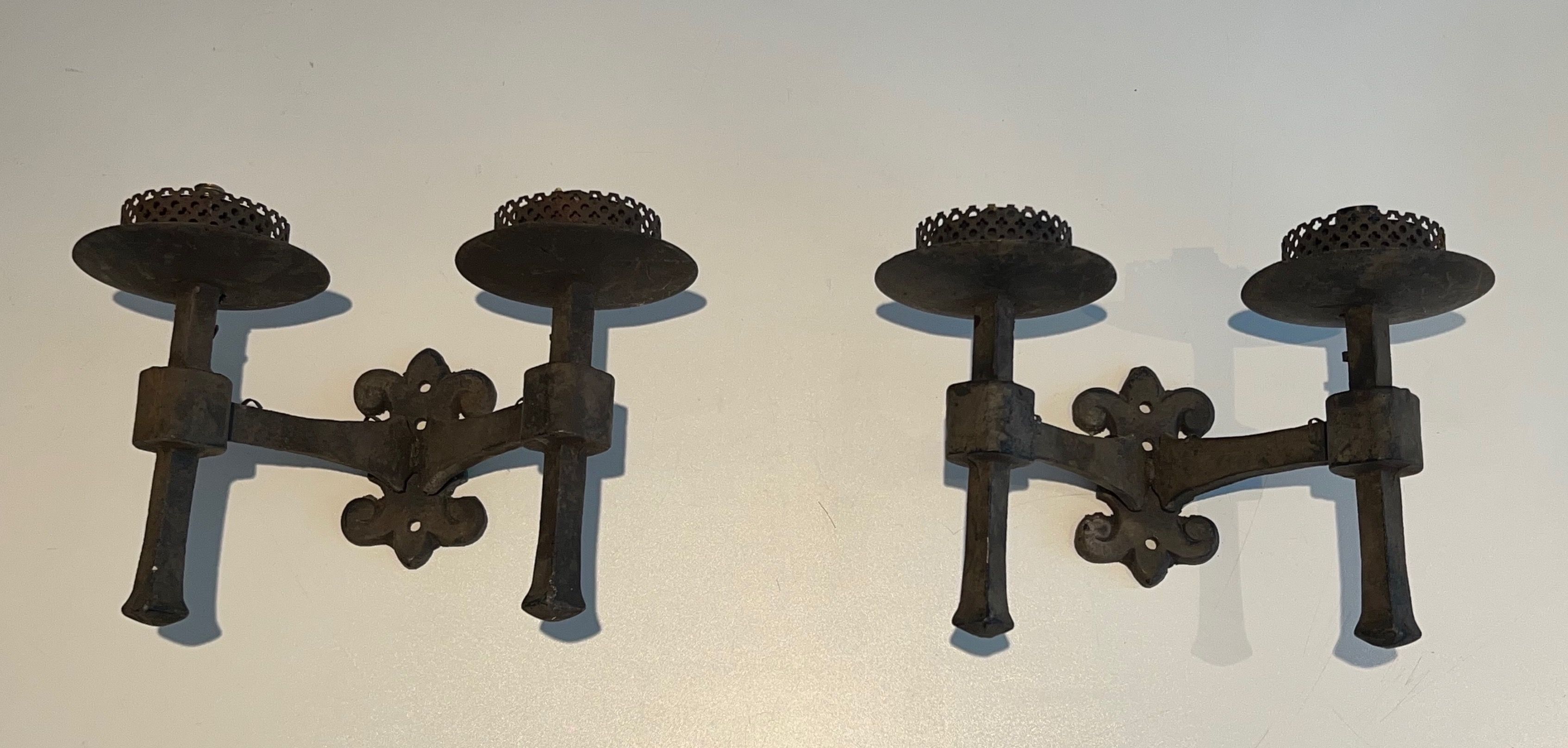 Pair of Gothic Style Wrought Iron Wall Lights with 2 Arms