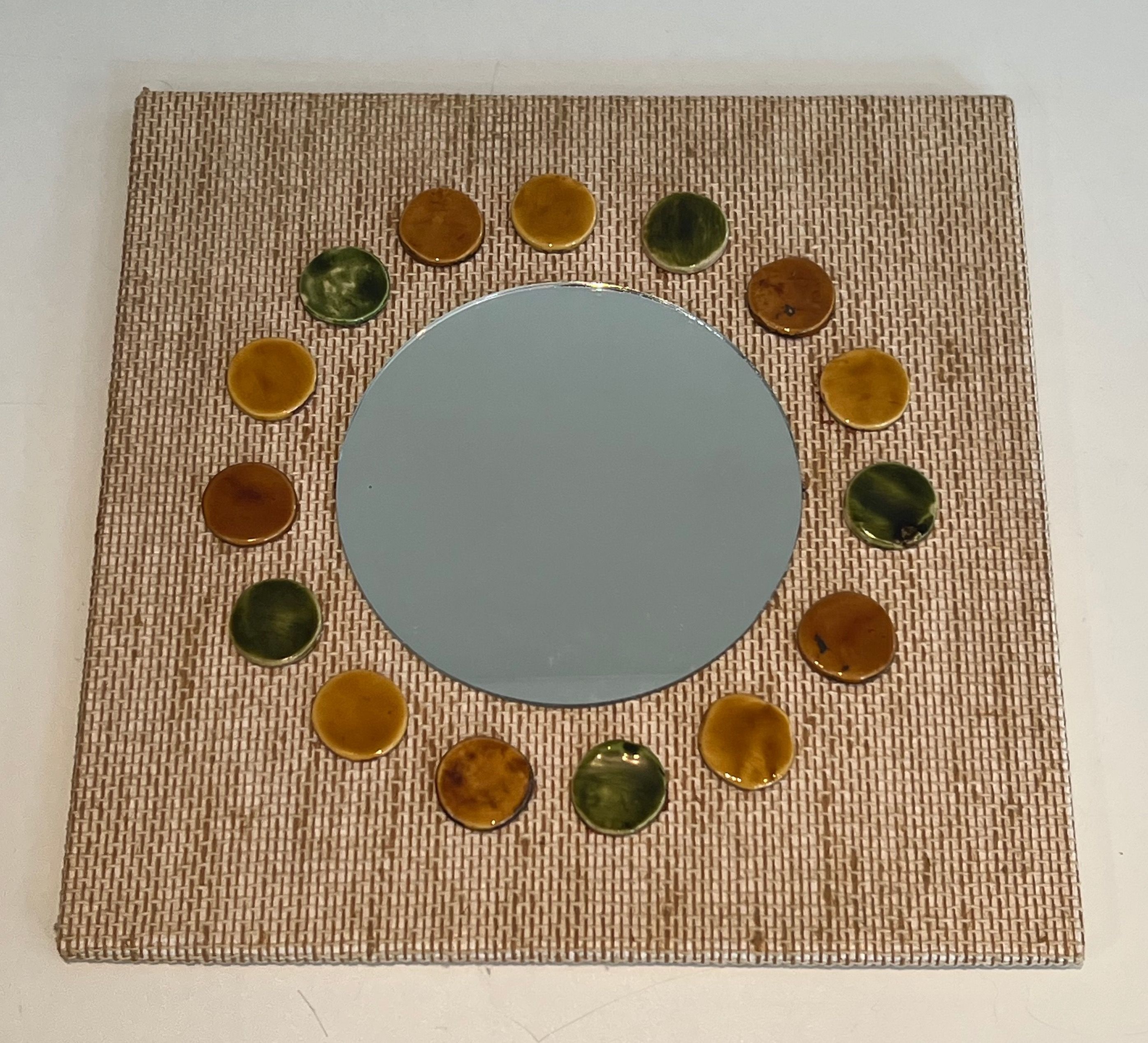 Small Square Mirror made of Raffia and Ceramic