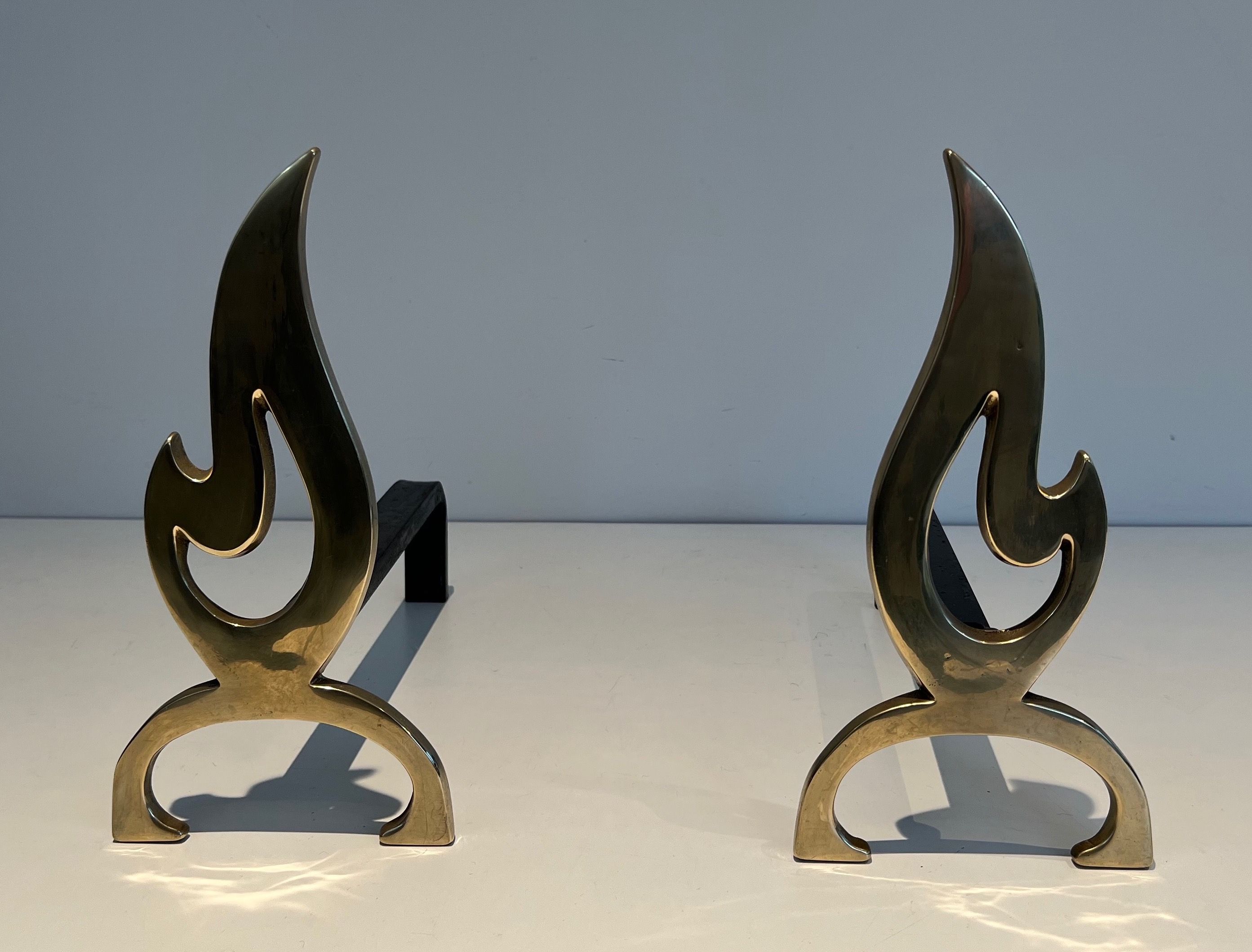 Pair of Flame Brass Andirons