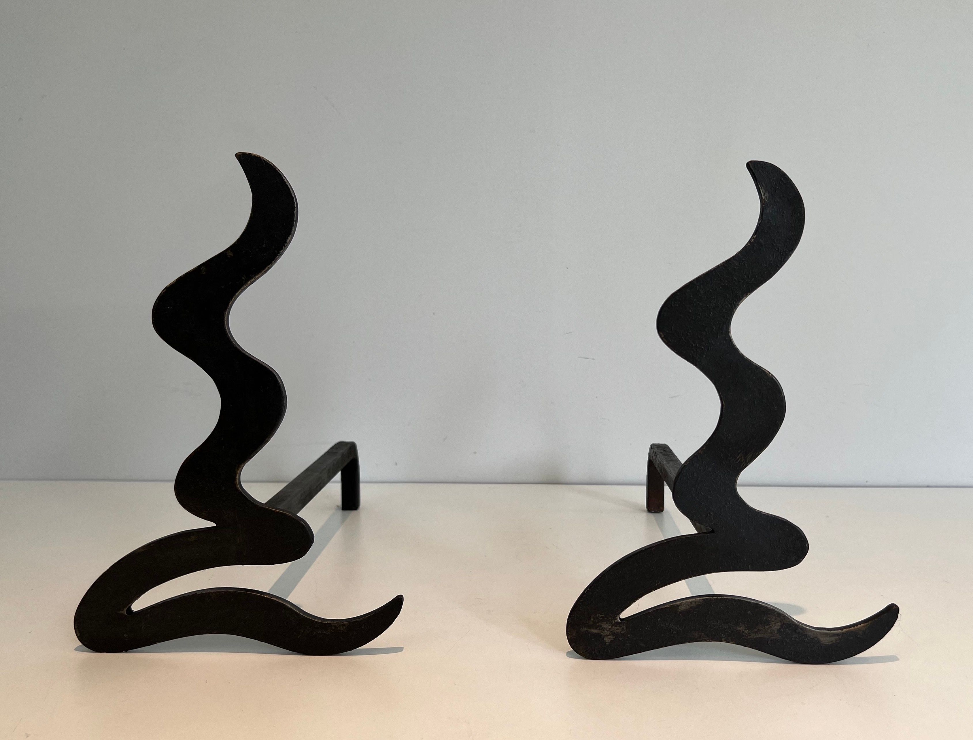 Pair Of Steel And Iron Design Andirons