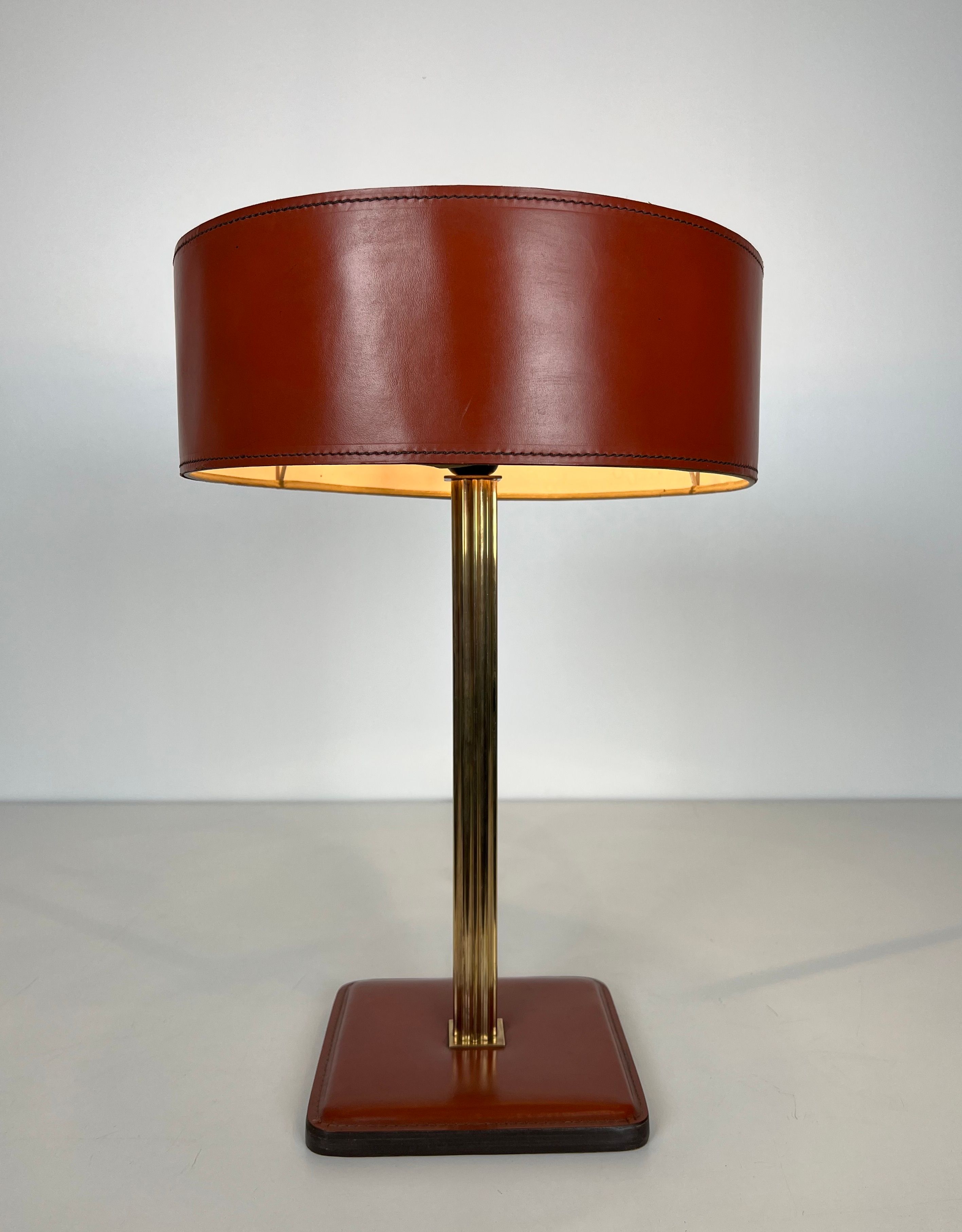 Red Leather and Brass Desk Lamp in the Style of Jacques Adnet