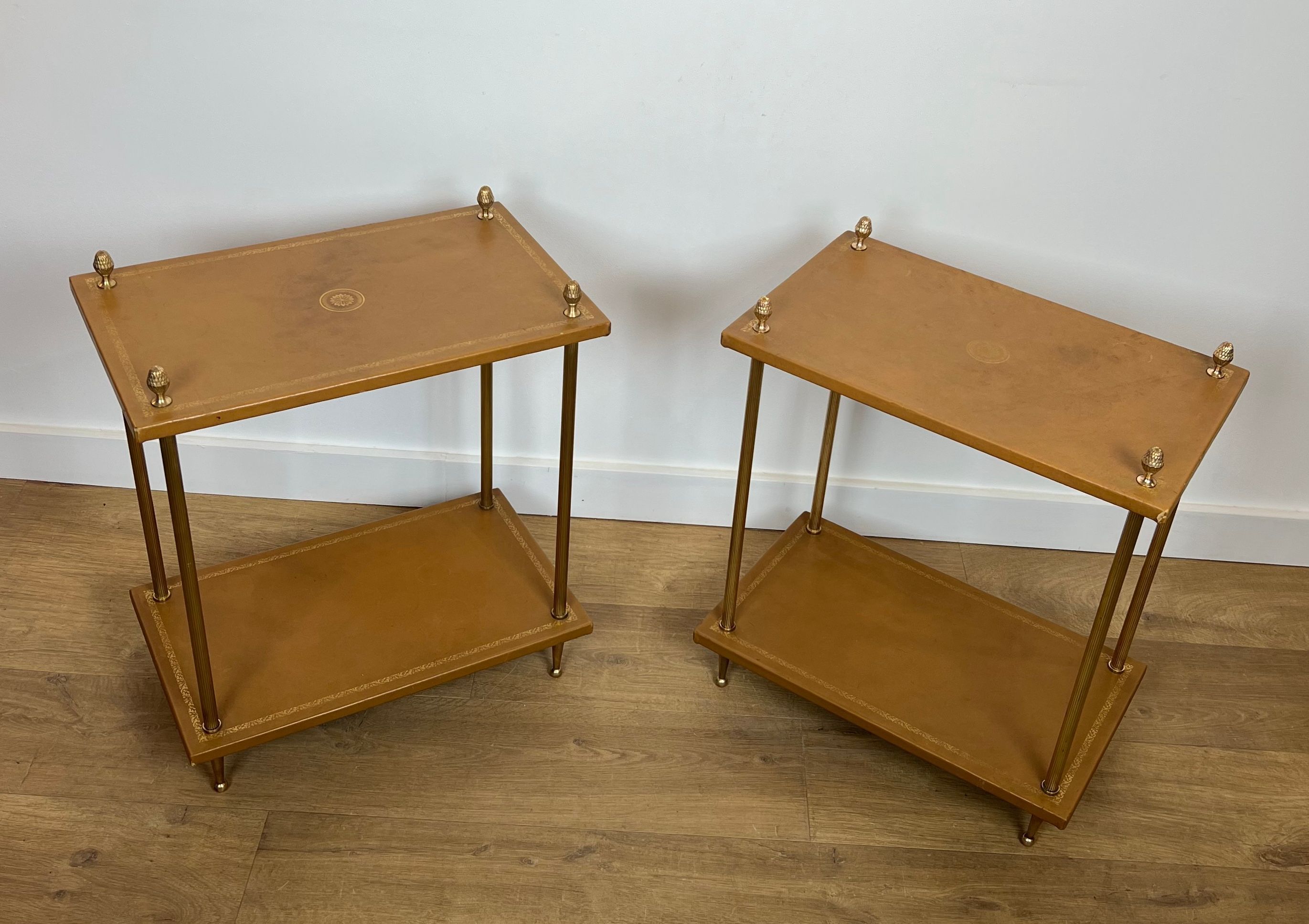 Pair of Neoclassical Style Brass Side Tables with Fawn Leather Trays Tops by Maison Baguès