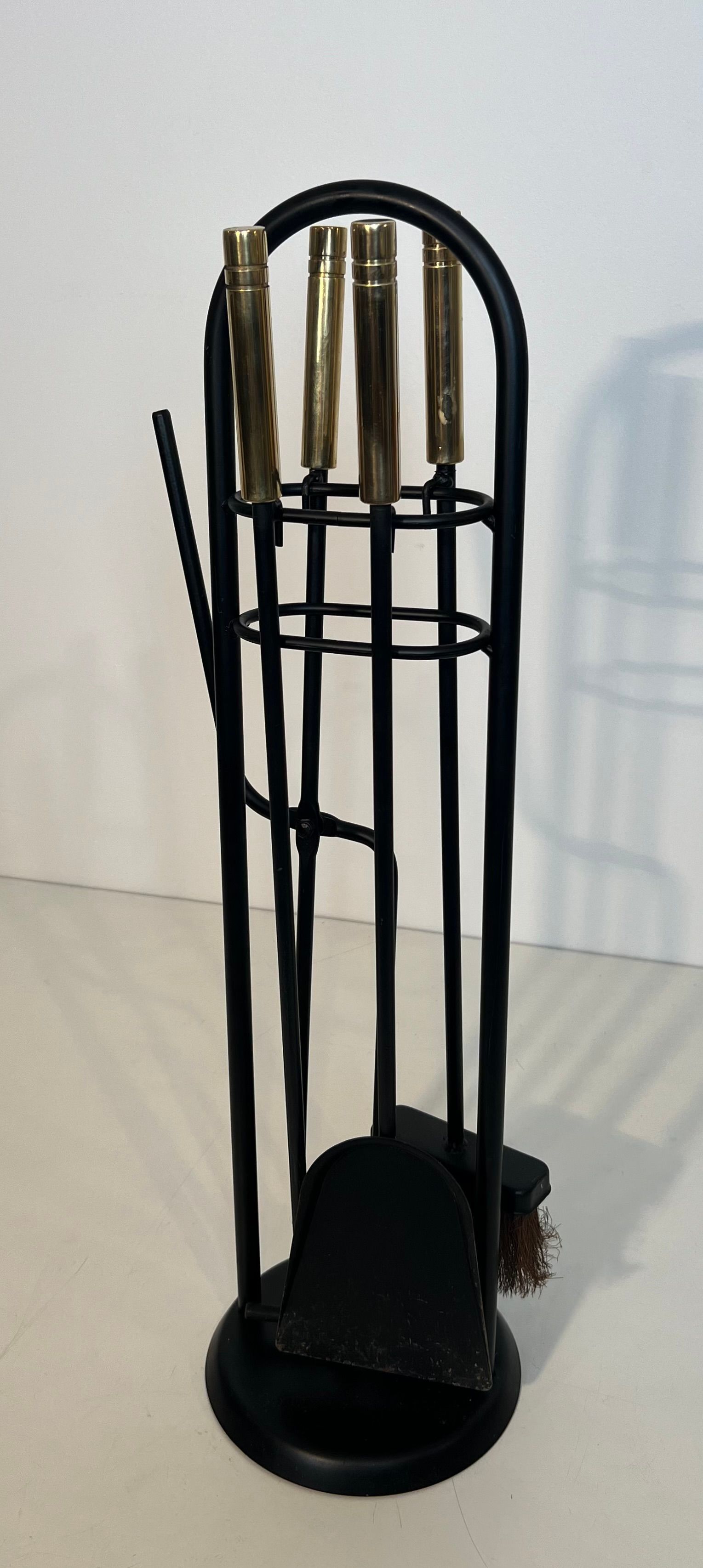 Black Lacquered and Brass Design Fireplace Tools on Stand