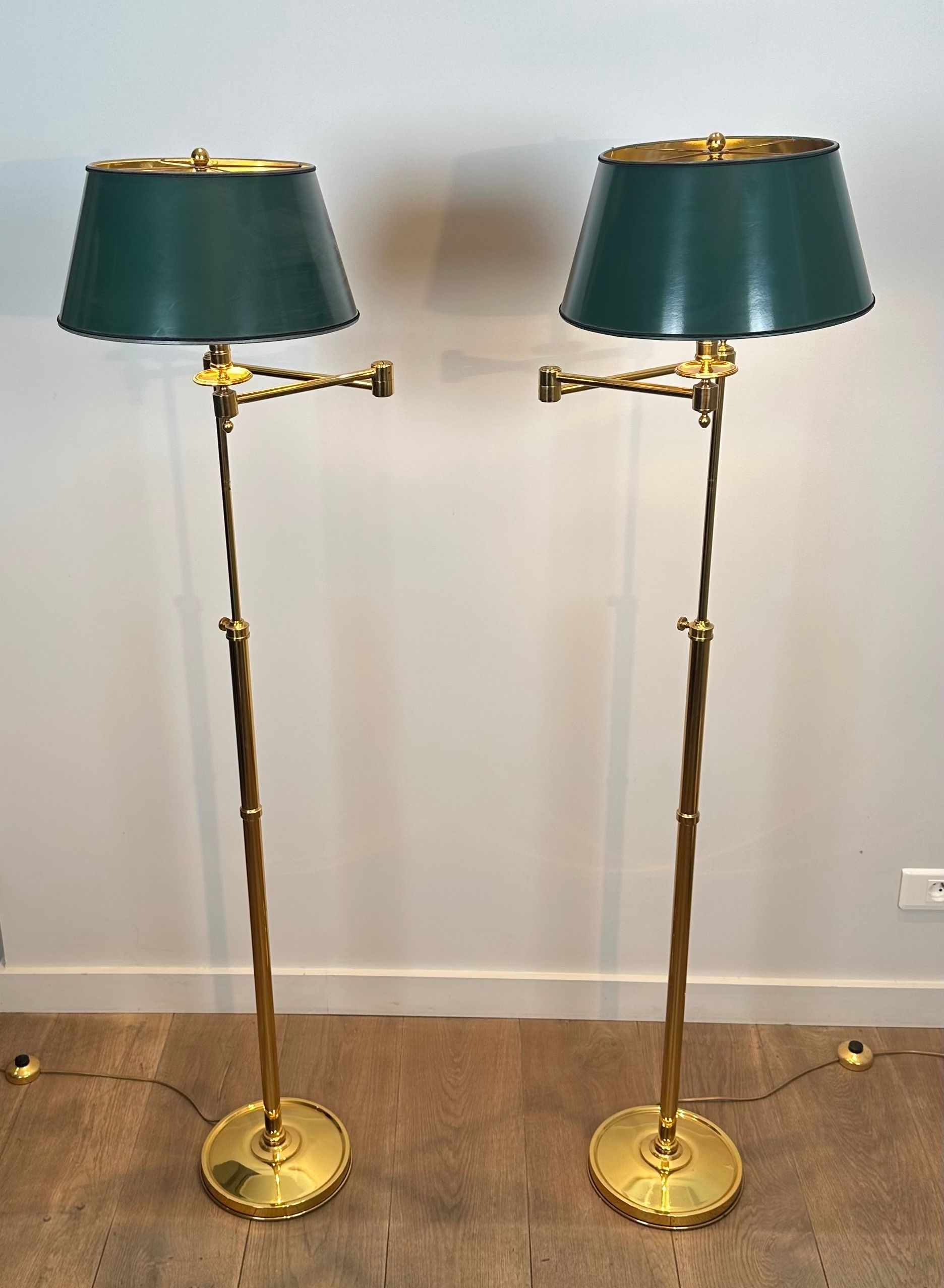 Pair of Reading Lamps with Removable Arms in Brass and Synthetic Green Painted Sheet Metal Shade