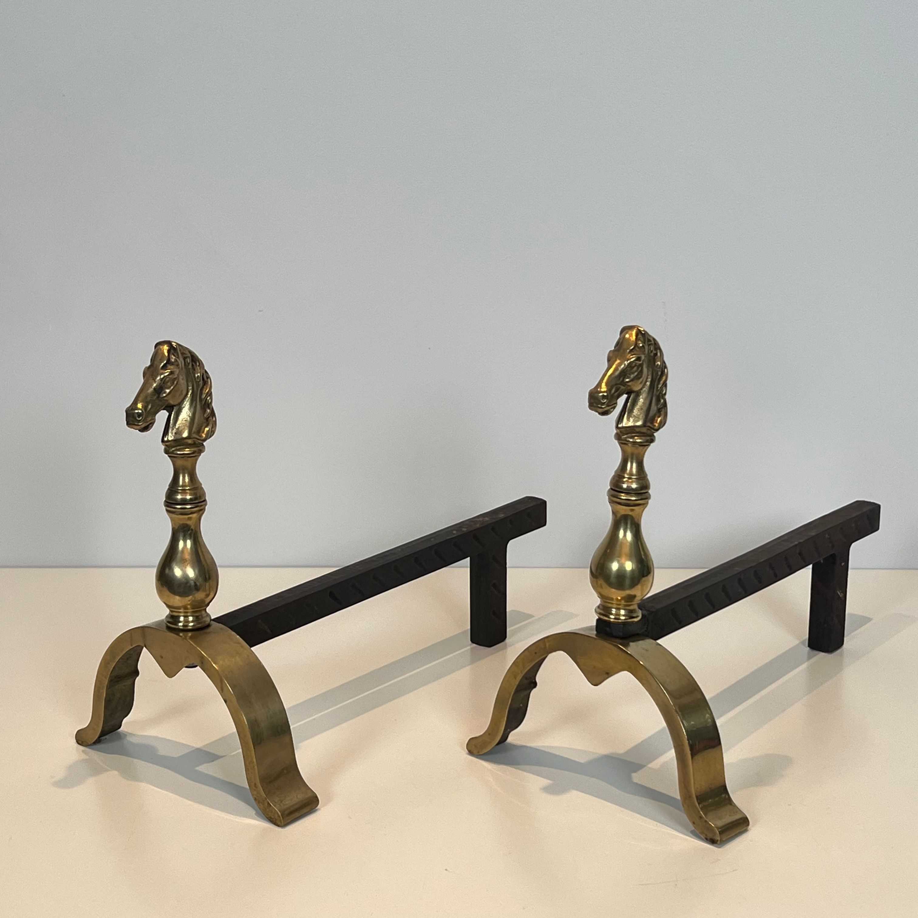 Pair of Brass Horses Andirons