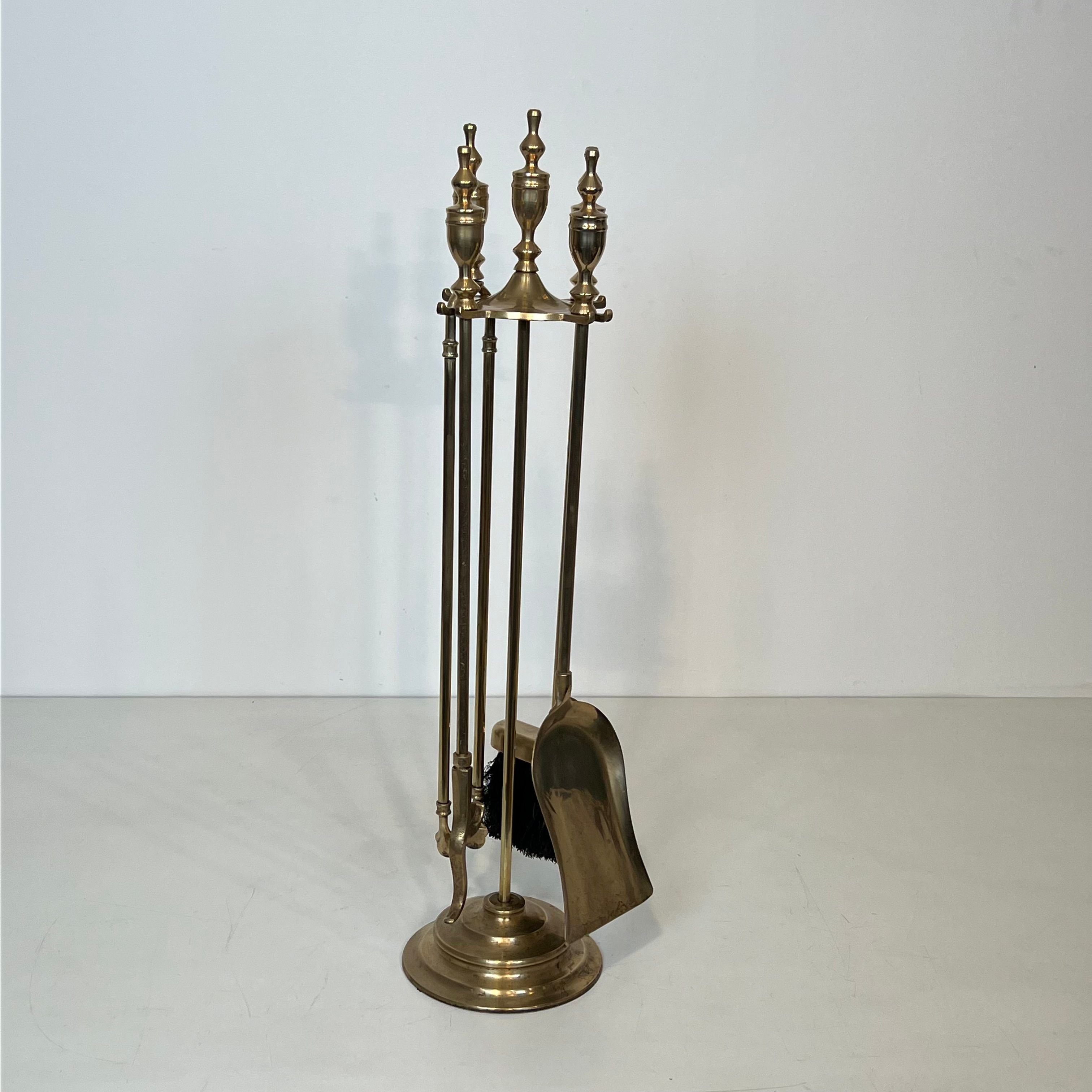 Neoclassical Style Brass Fireplace Tools on Stand