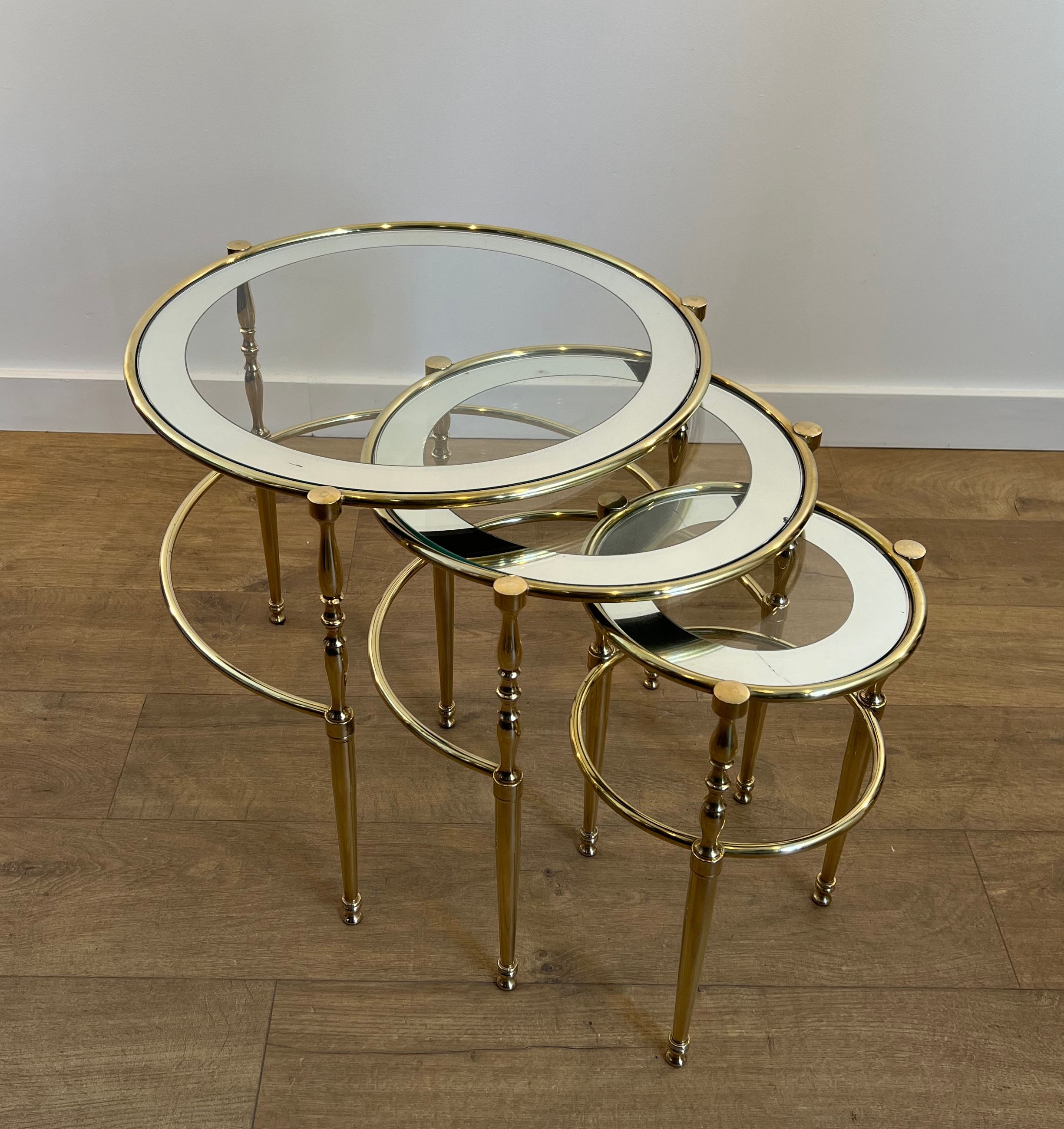 Set of 3 Round Brass Nesting Tables with Glass Surrounded with Silver Rims