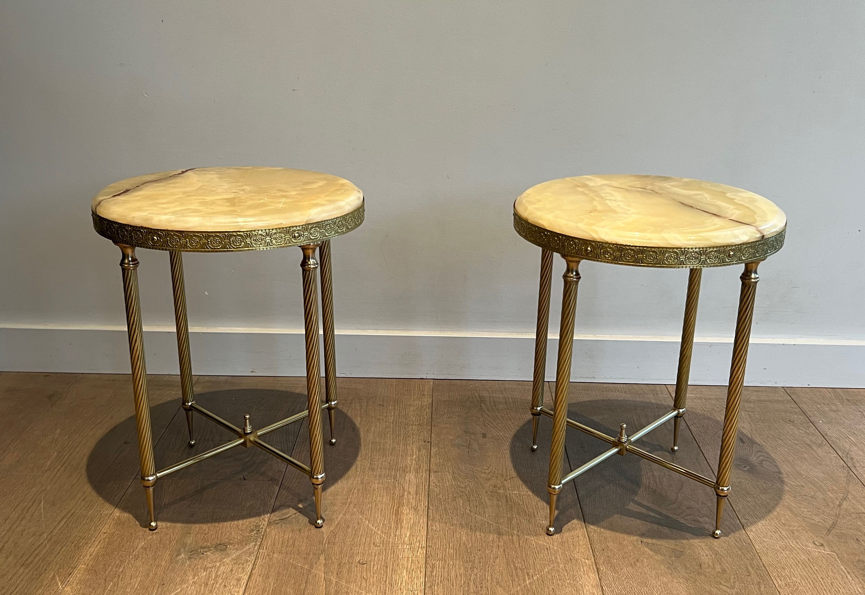 Pair of Neoclassical Style Brass Side Tables with Onyx Tops