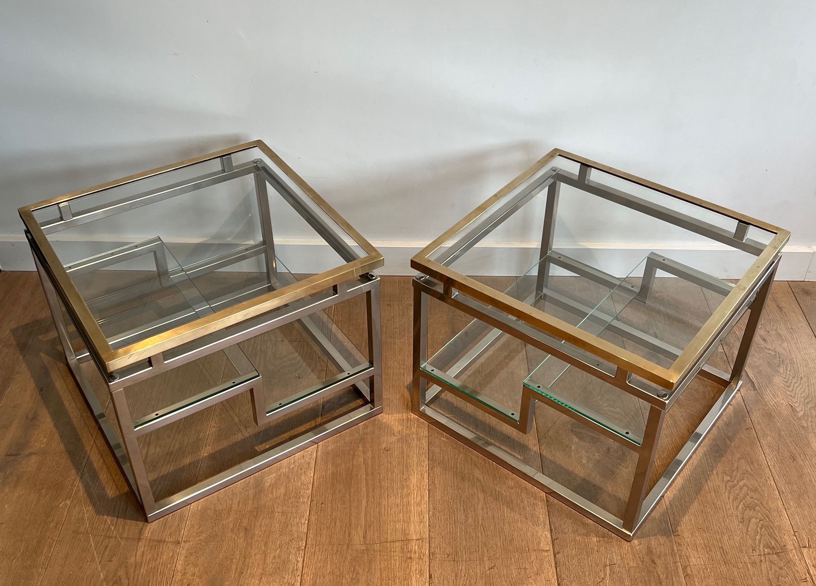 Pair of Design Chrome, Brass and Glass Side Tables