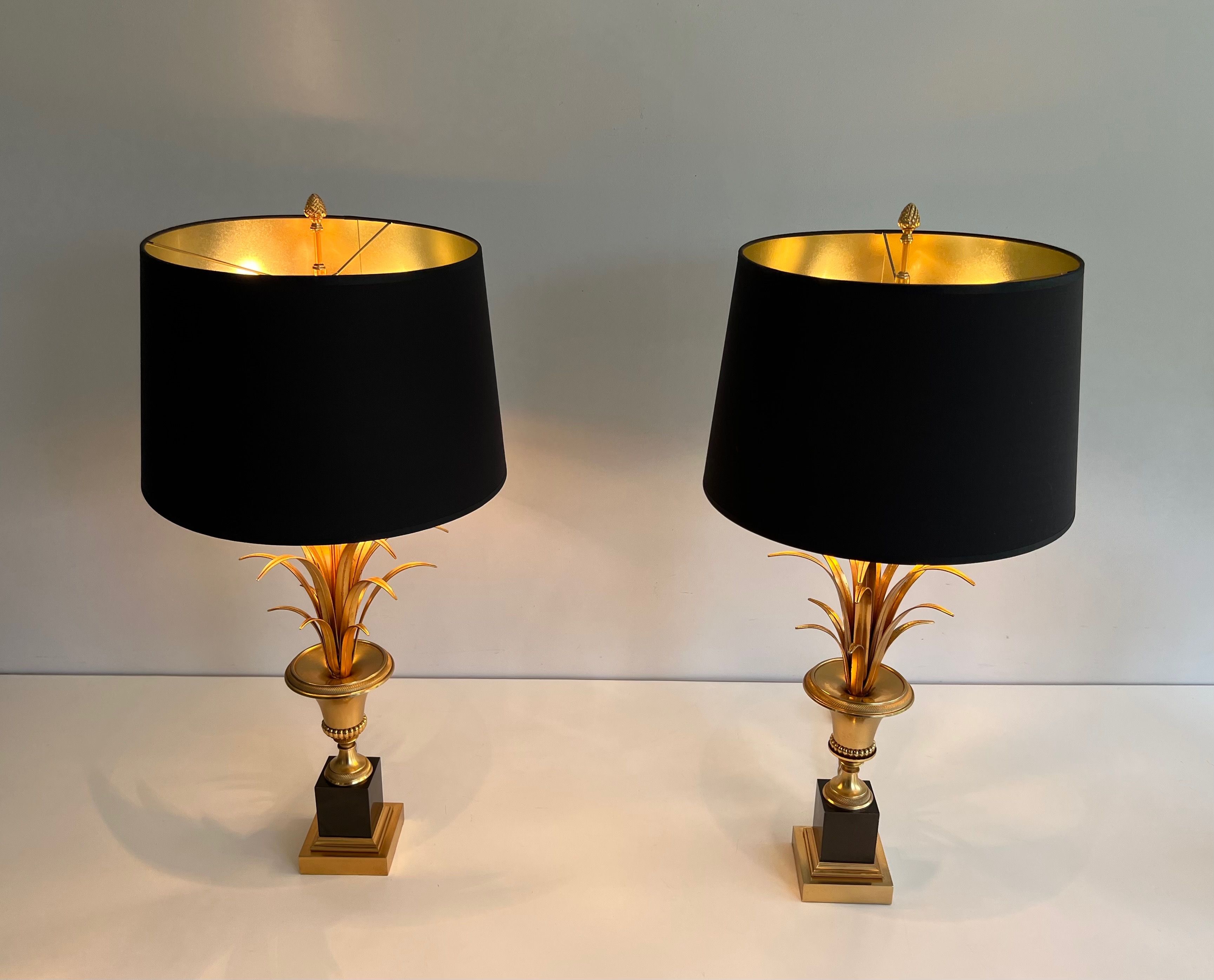 Pair of Palm Tree Brass and Black Lacquered Brass Neoclassical Style Wal  Lights in the style of Maison Charles