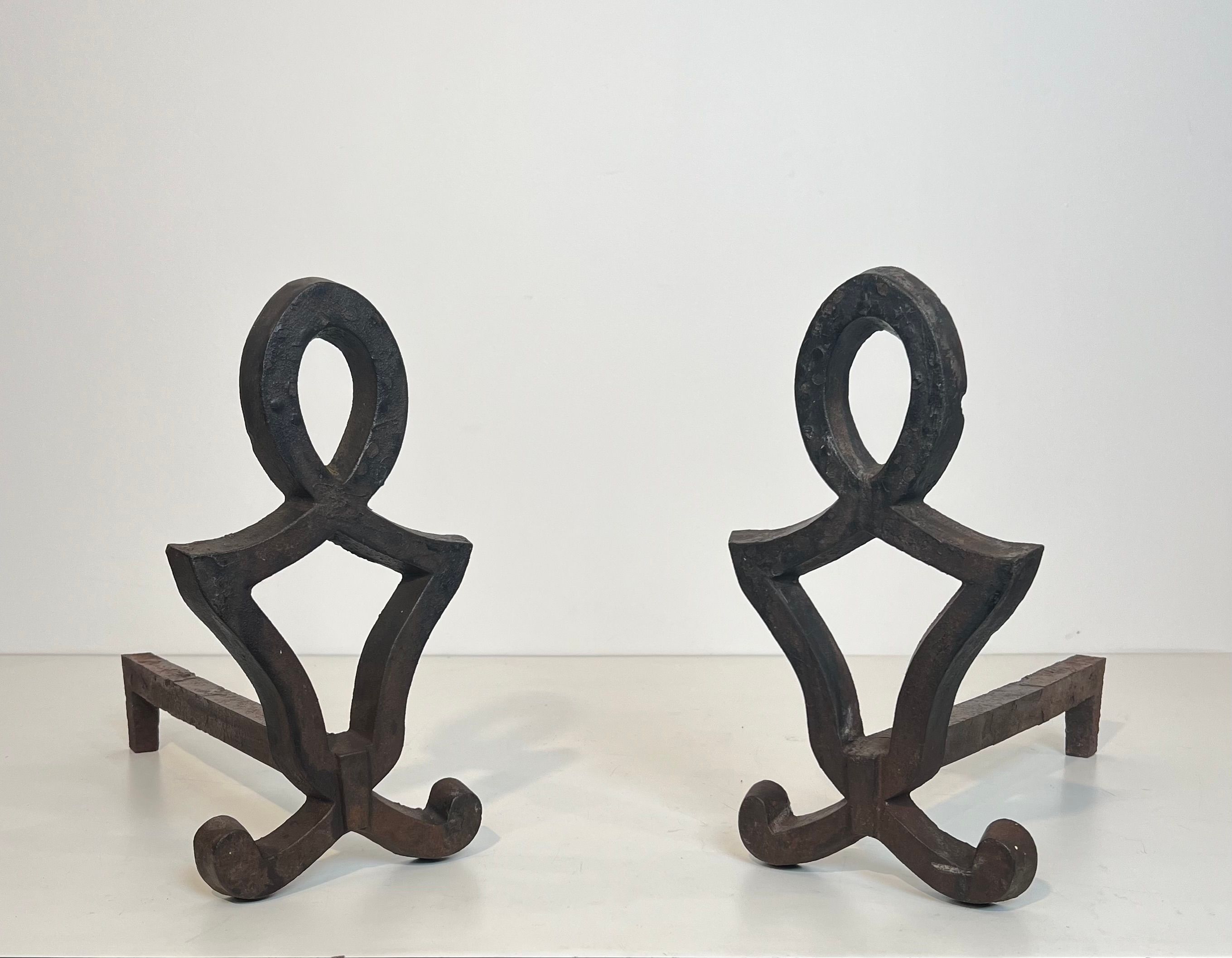 Pair of Modernist Cast Iron and Wrought Iron Andirons by Raymond Subes