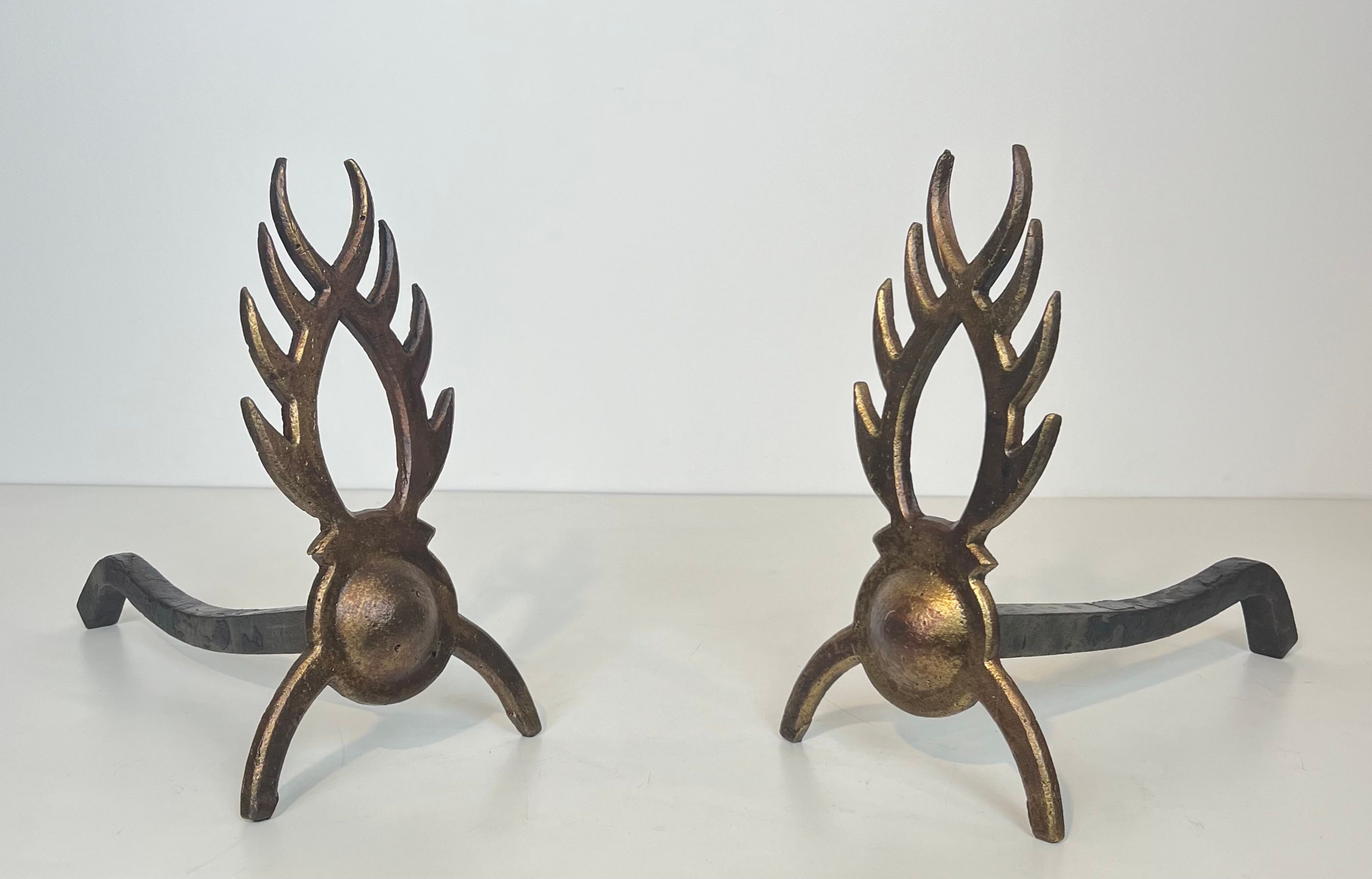 Pair of Gilt Wrought Iron Andirons in the Style of Garouste et Bonnetti