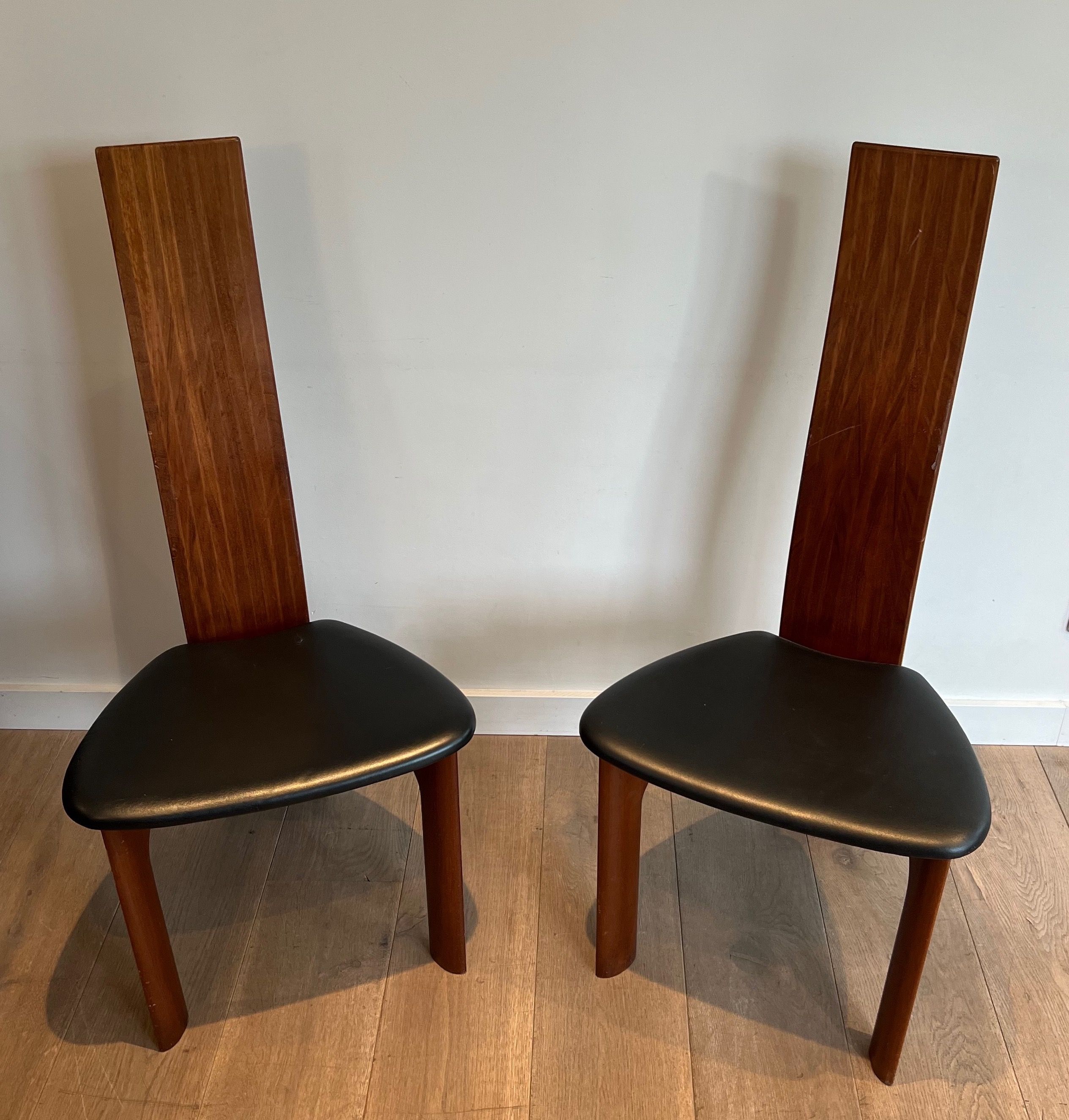 Pair of Exotic Wood and Black Leather Chairs, Scandinavian Work. Circa 1970