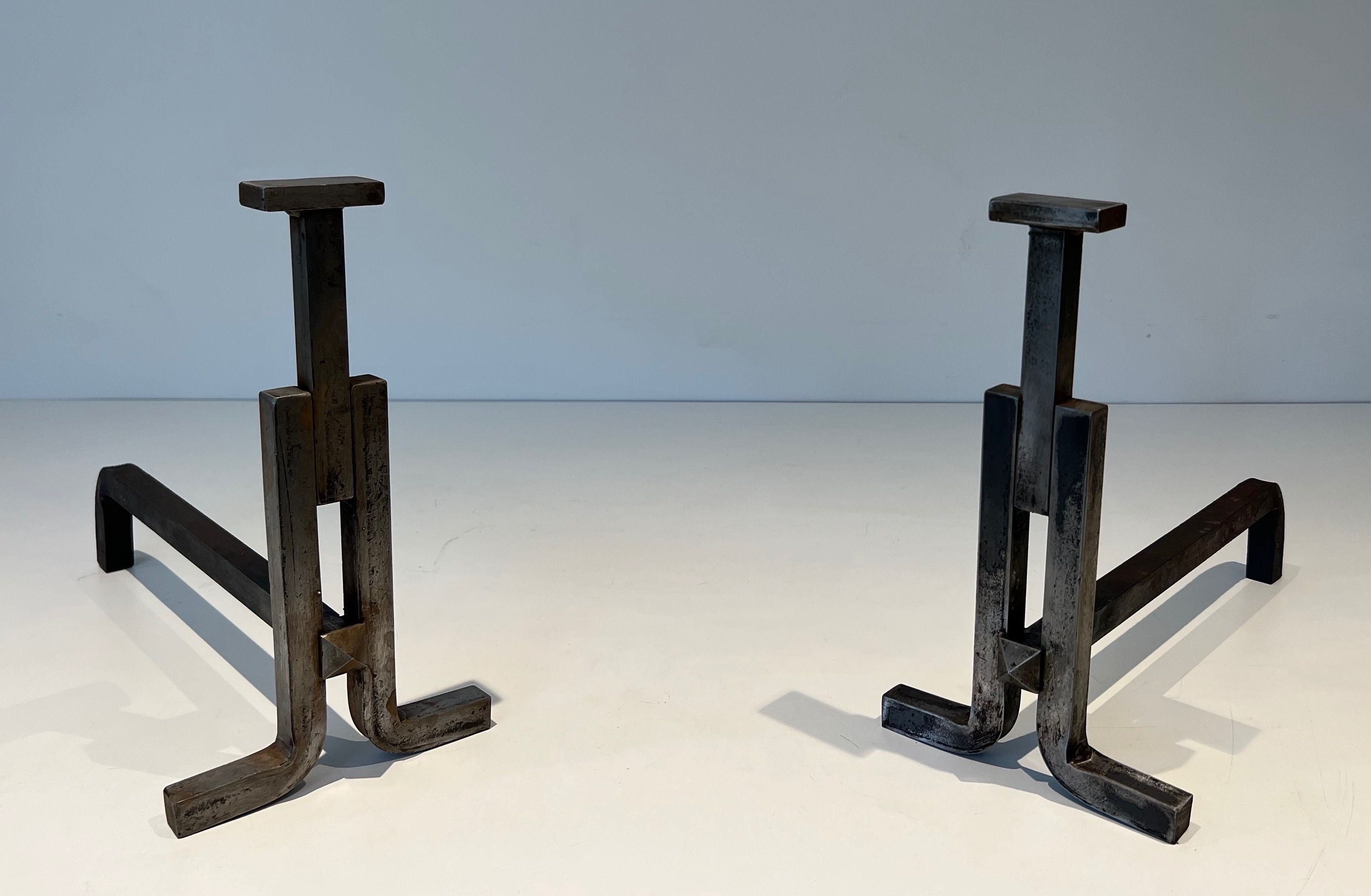 Pair of Modernist Cast Iron and Wrought Iron Andirons