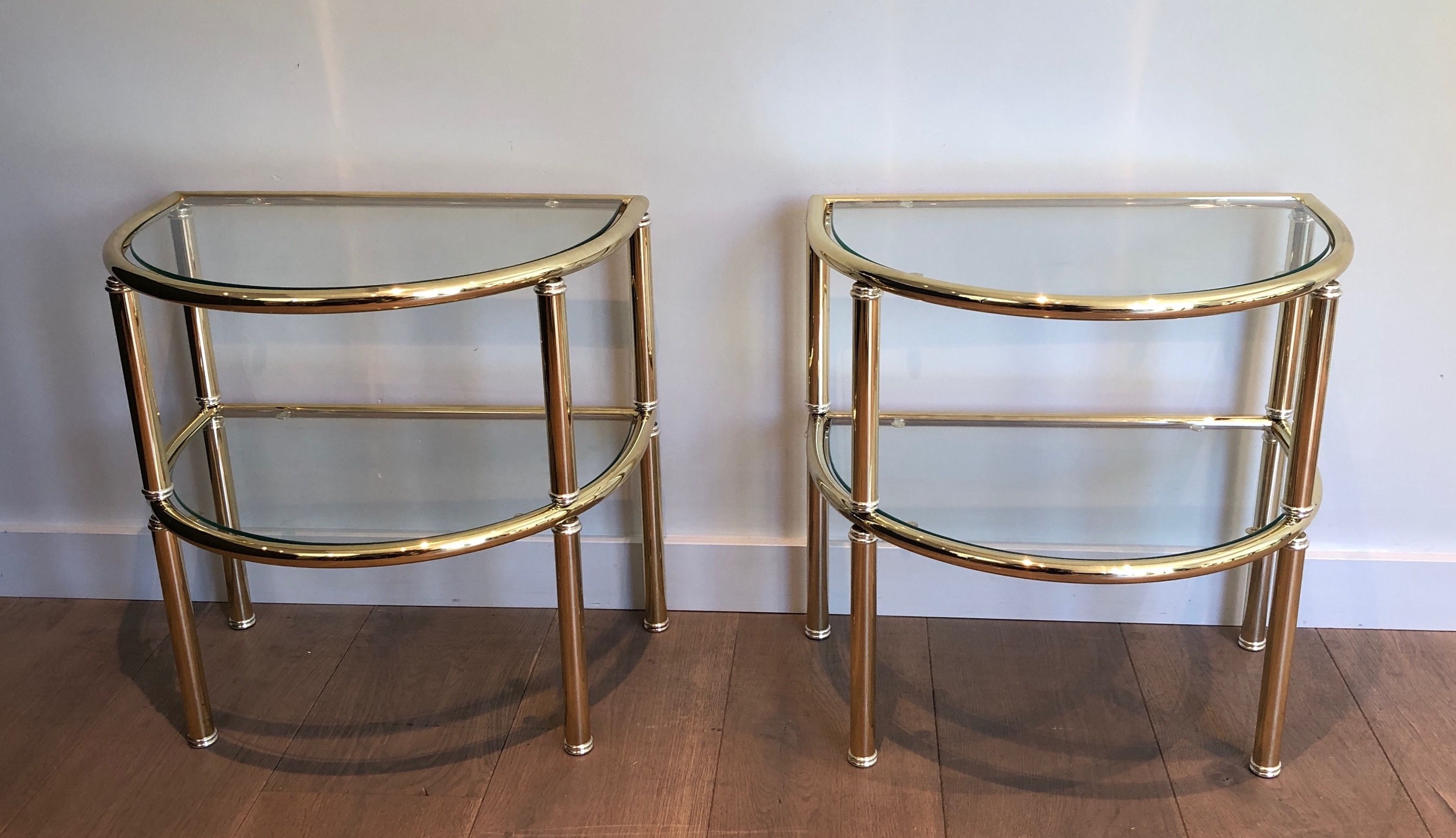 Pair of Rounded Brass and Silvered Side Tables