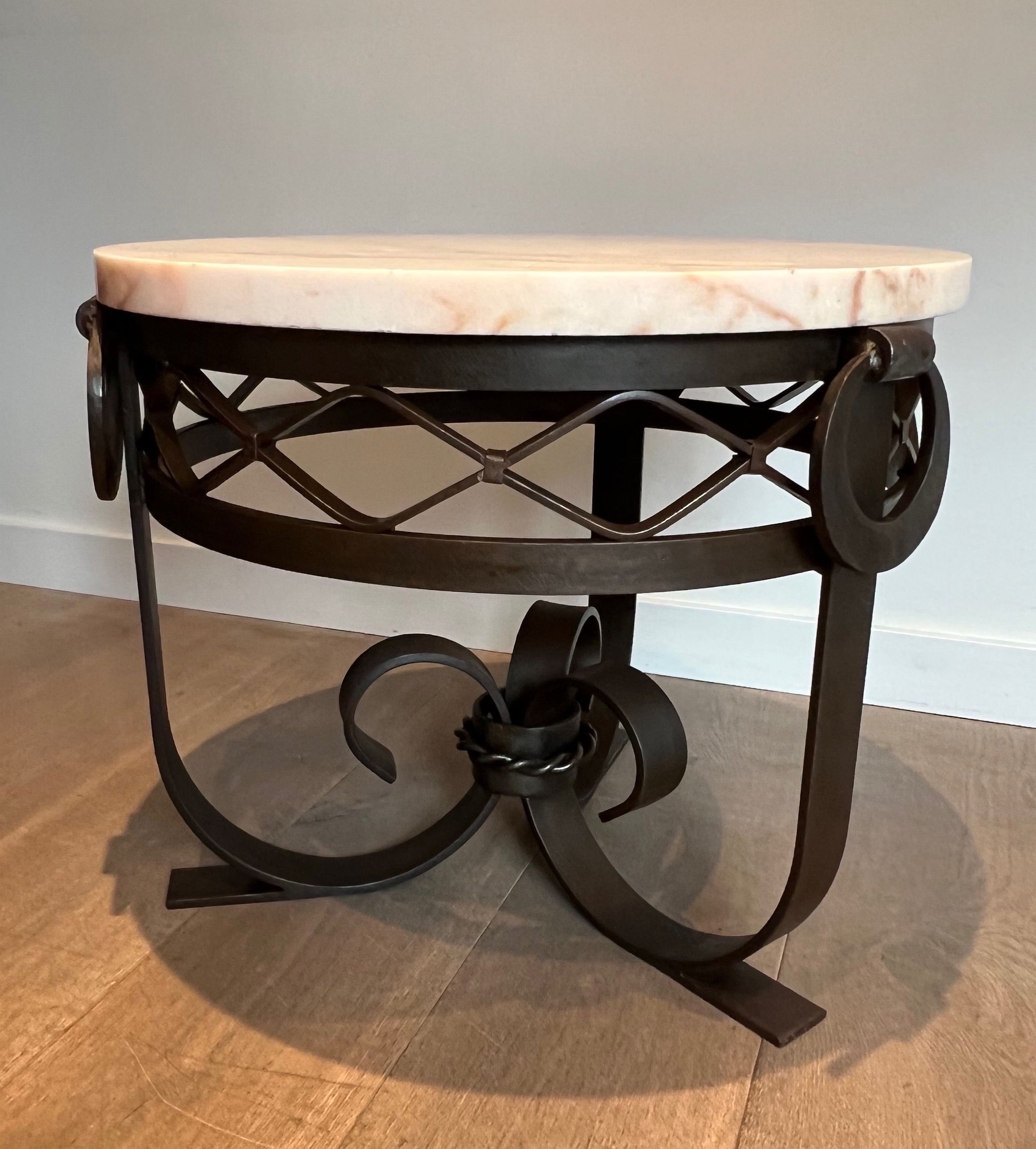 Wrought and Hammered Iron Art Deco Gueridon with White Marble Top