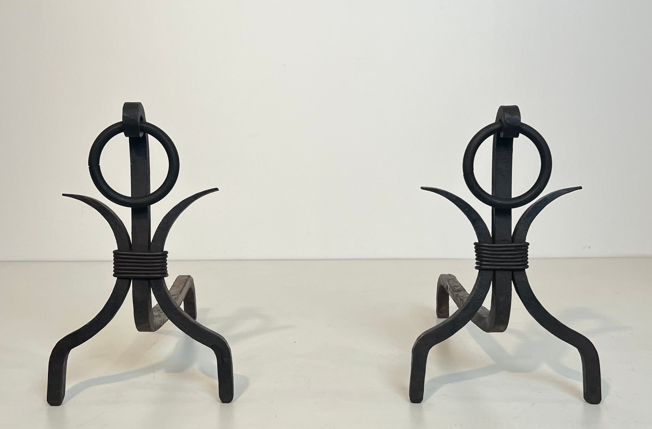 Pair of Modernist Wrought Iron Andirons